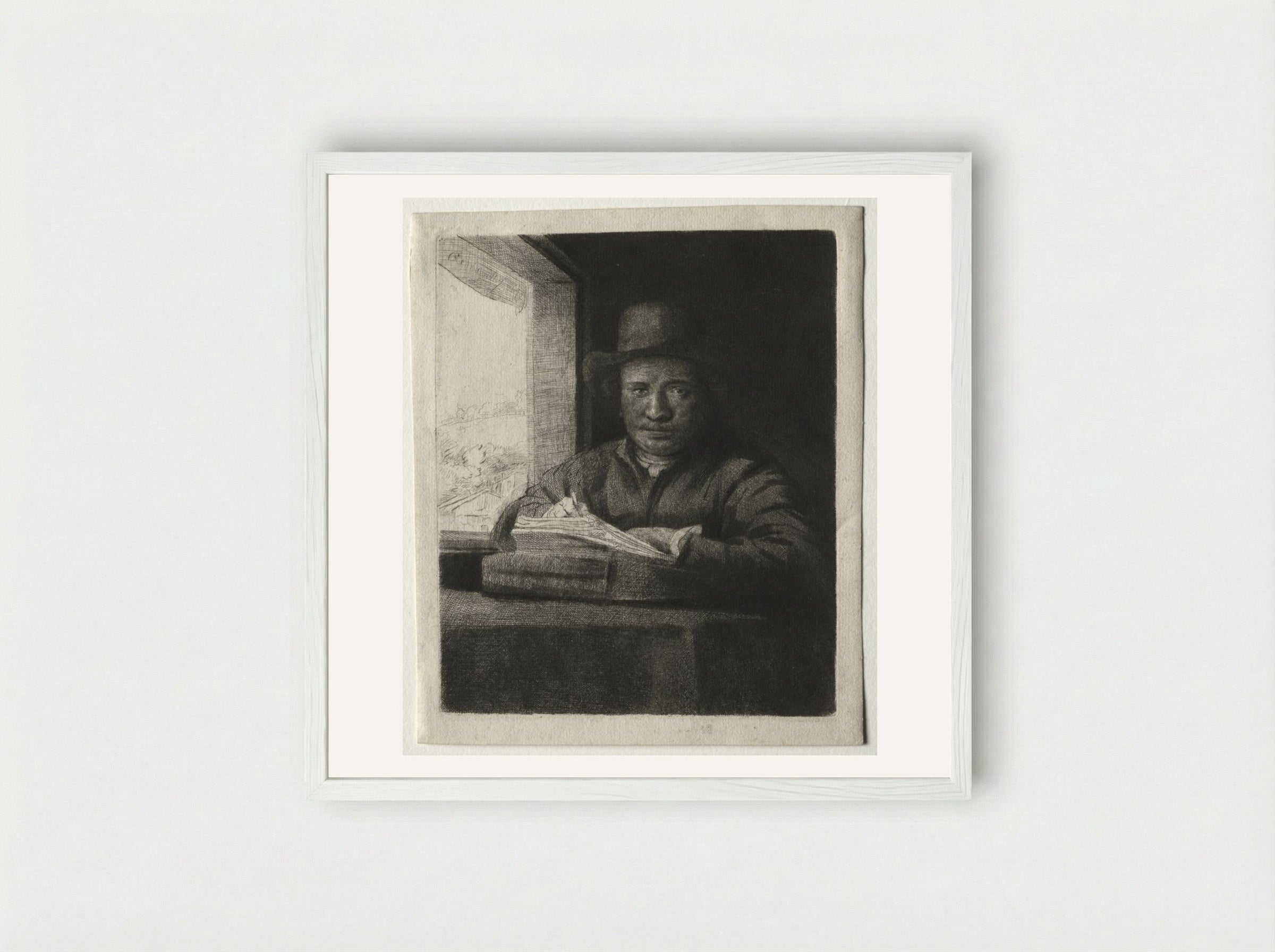 Self-Portrait Drawing at a Window - Rembrandt van Rijn - Framed Print White