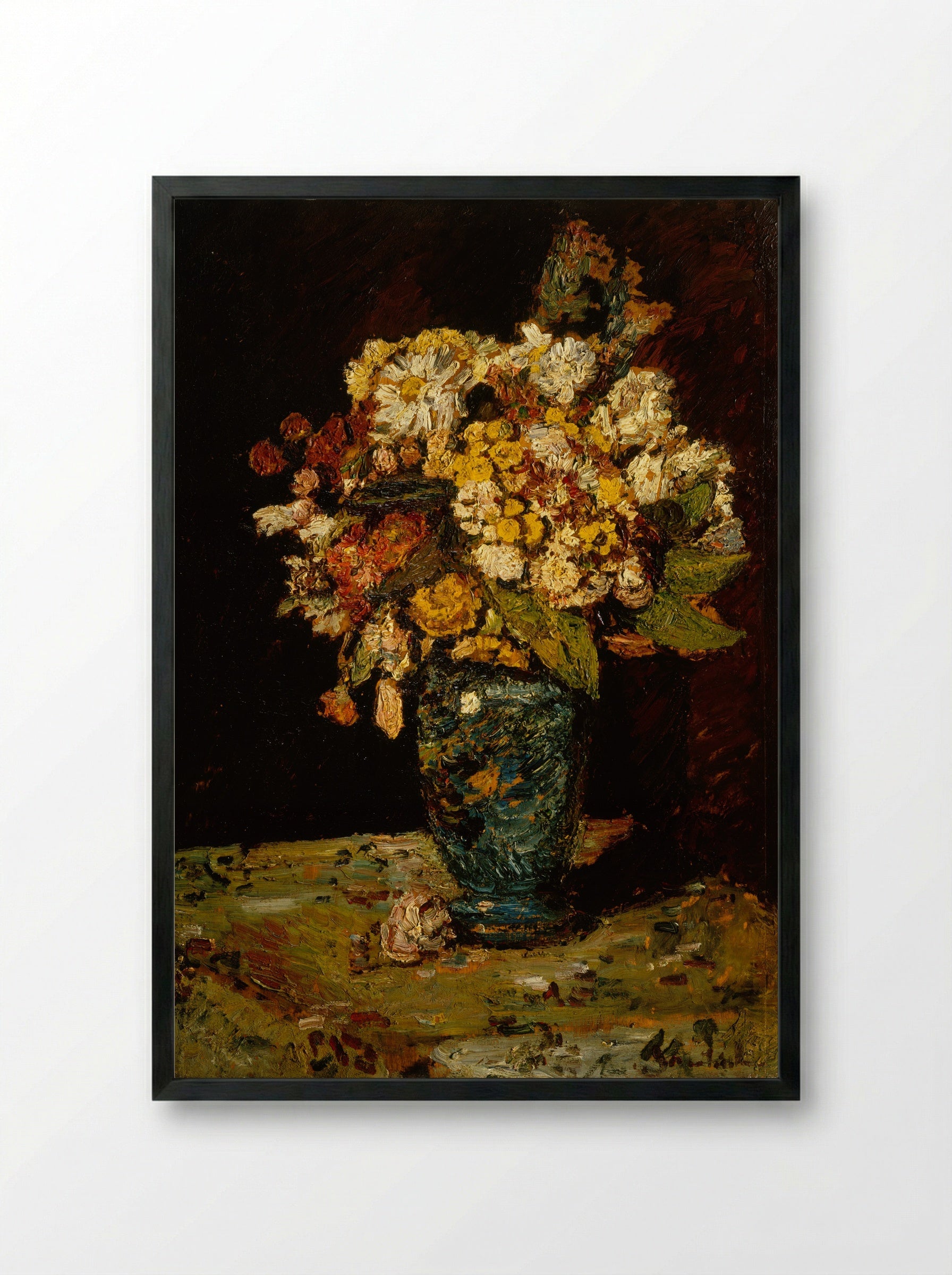 Flowers in a Blue Vase - Adolphe Monticelli - Framed Print Black