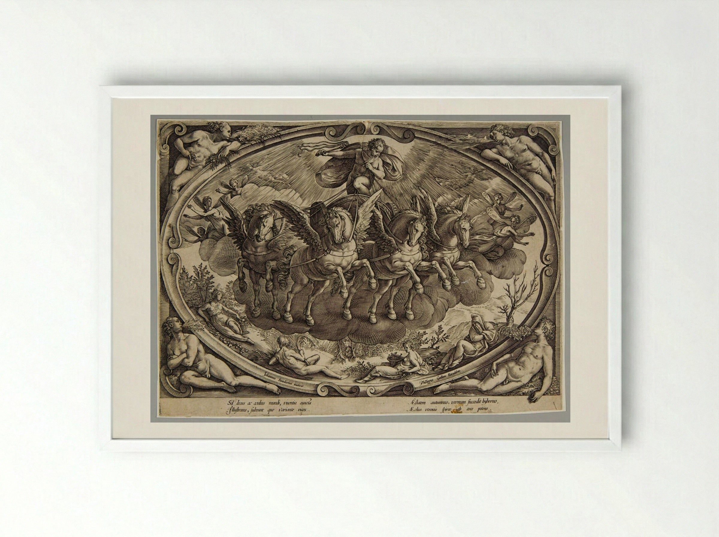 Title Plate: Sol and the Personifications of the Four Seasons - Philips Galle - Framed Print White