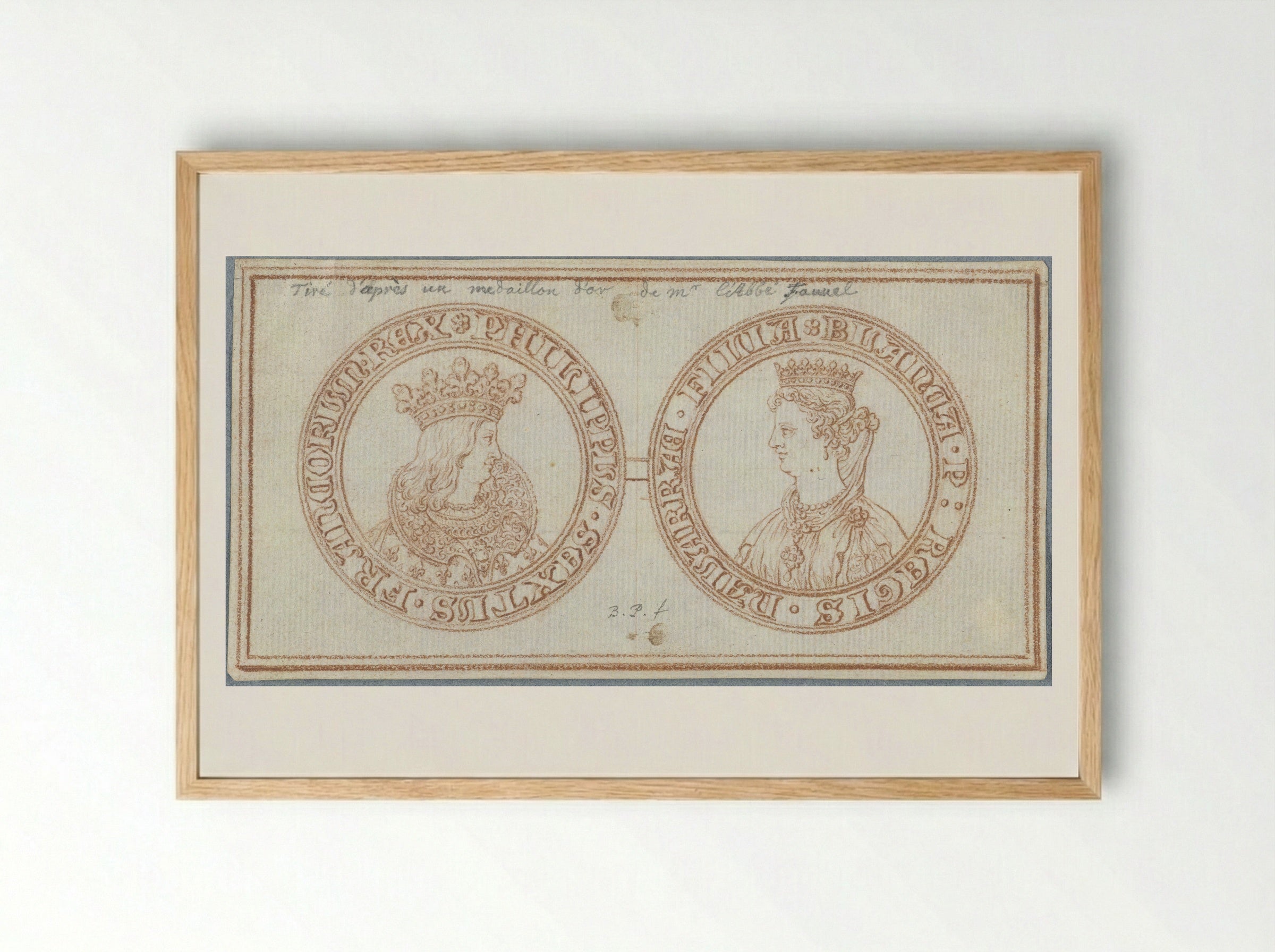 Obverse and Reverse of a Medal with Portraits of Philip VI and Blanche of Navarre - Bernard Picart - Framed Print Wood