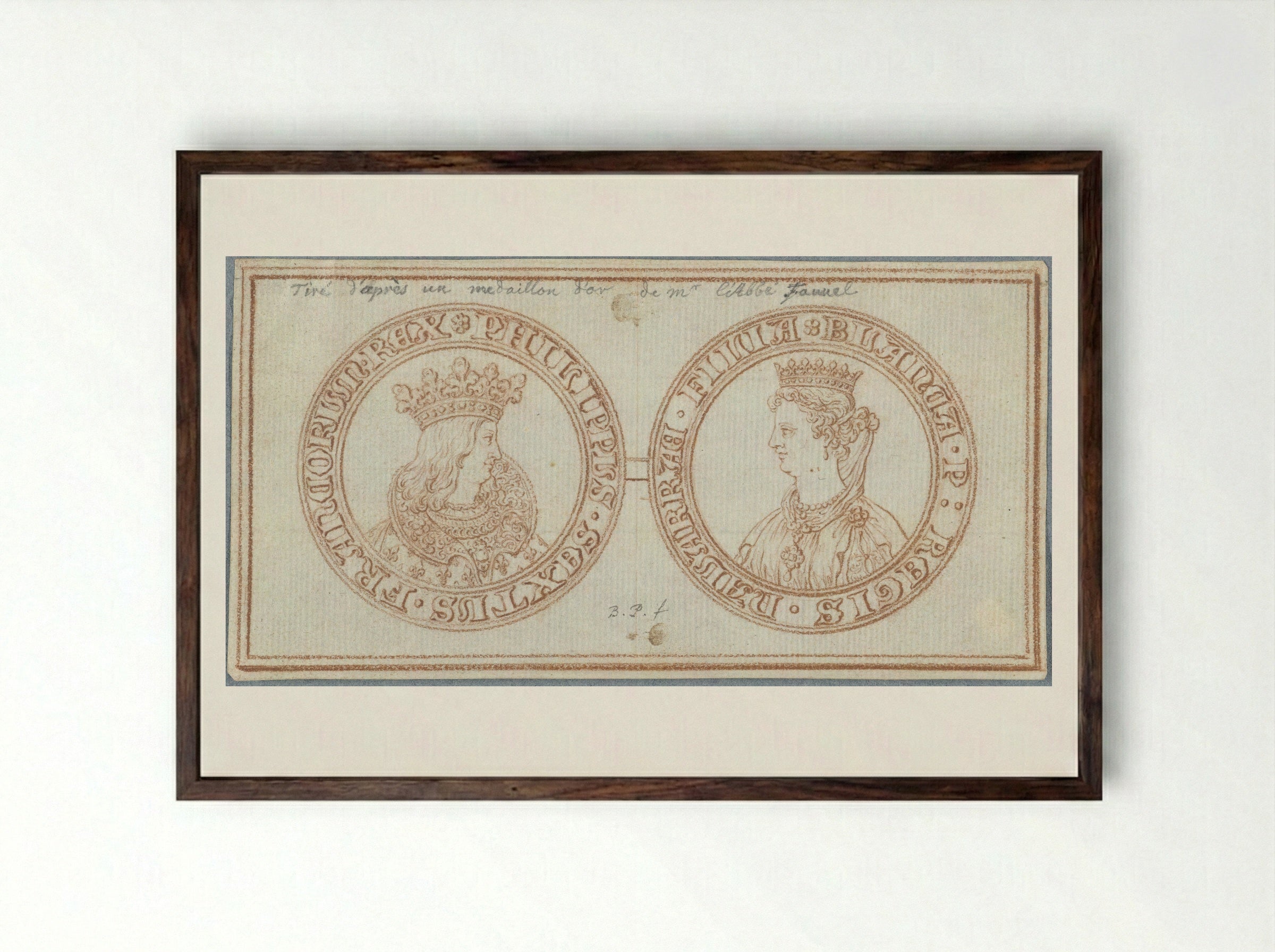 Obverse and Reverse of a Medal with Portraits of Philip VI and Blanche of Navarre - Bernard Picart - Framed Print Dark Wood
