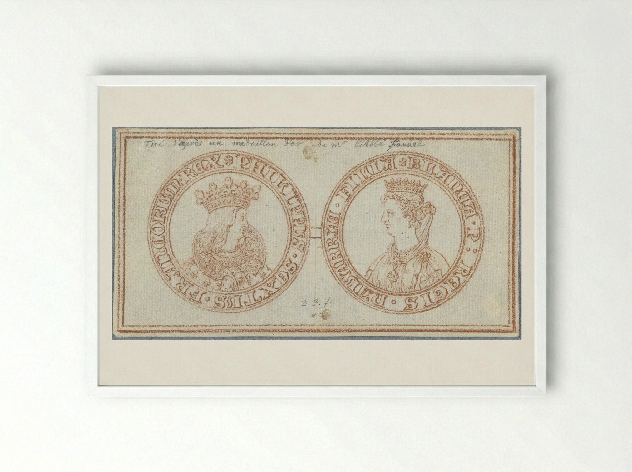 Obverse and Reverse of a Medal with Portraits of Philip VI and Blanche of Navarre - Bernard Picart - Framed Print White