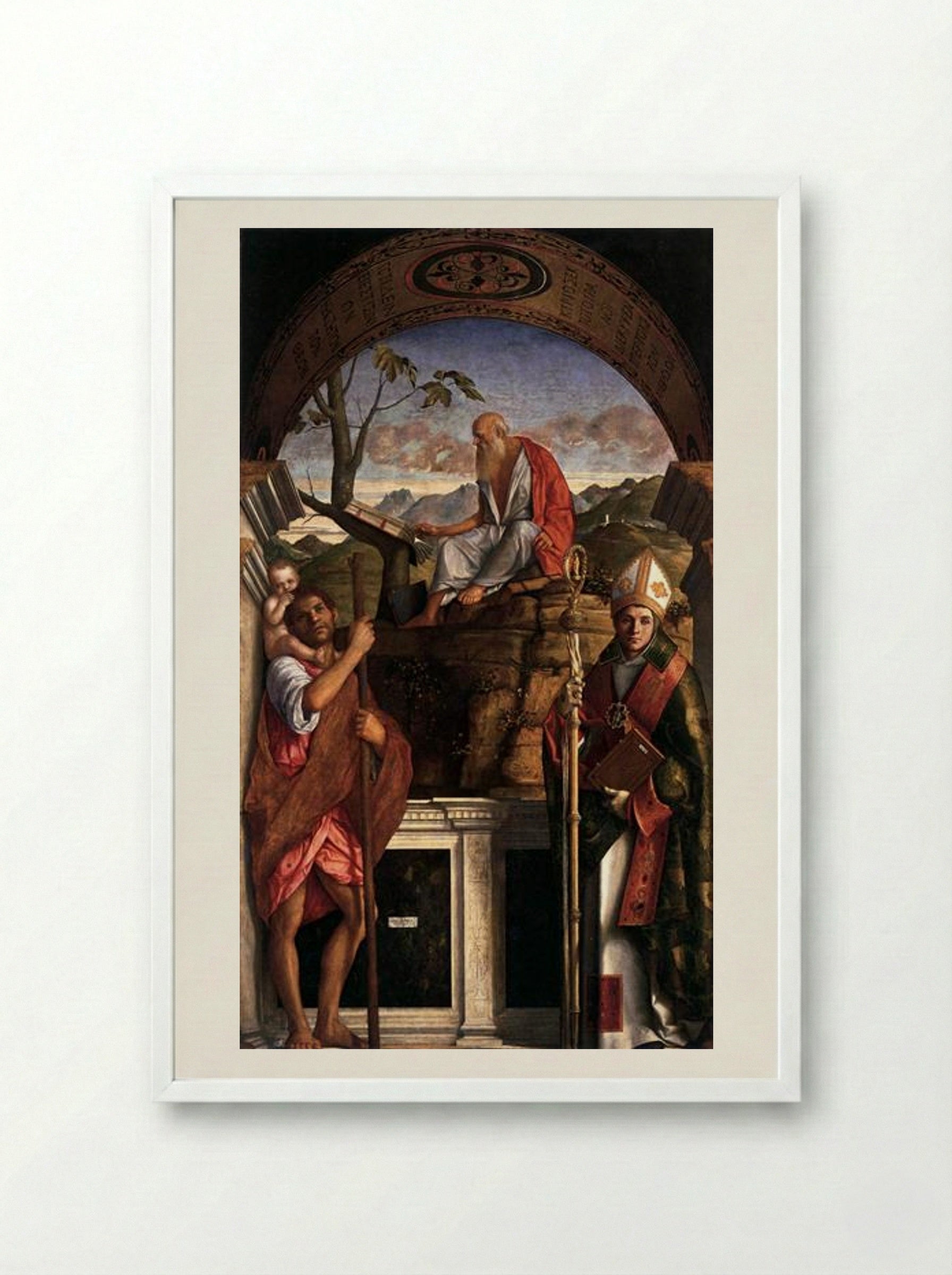 St. Jerome, St. Christopher and St. Augustine - Giovanni Bellini - Framed Print White
