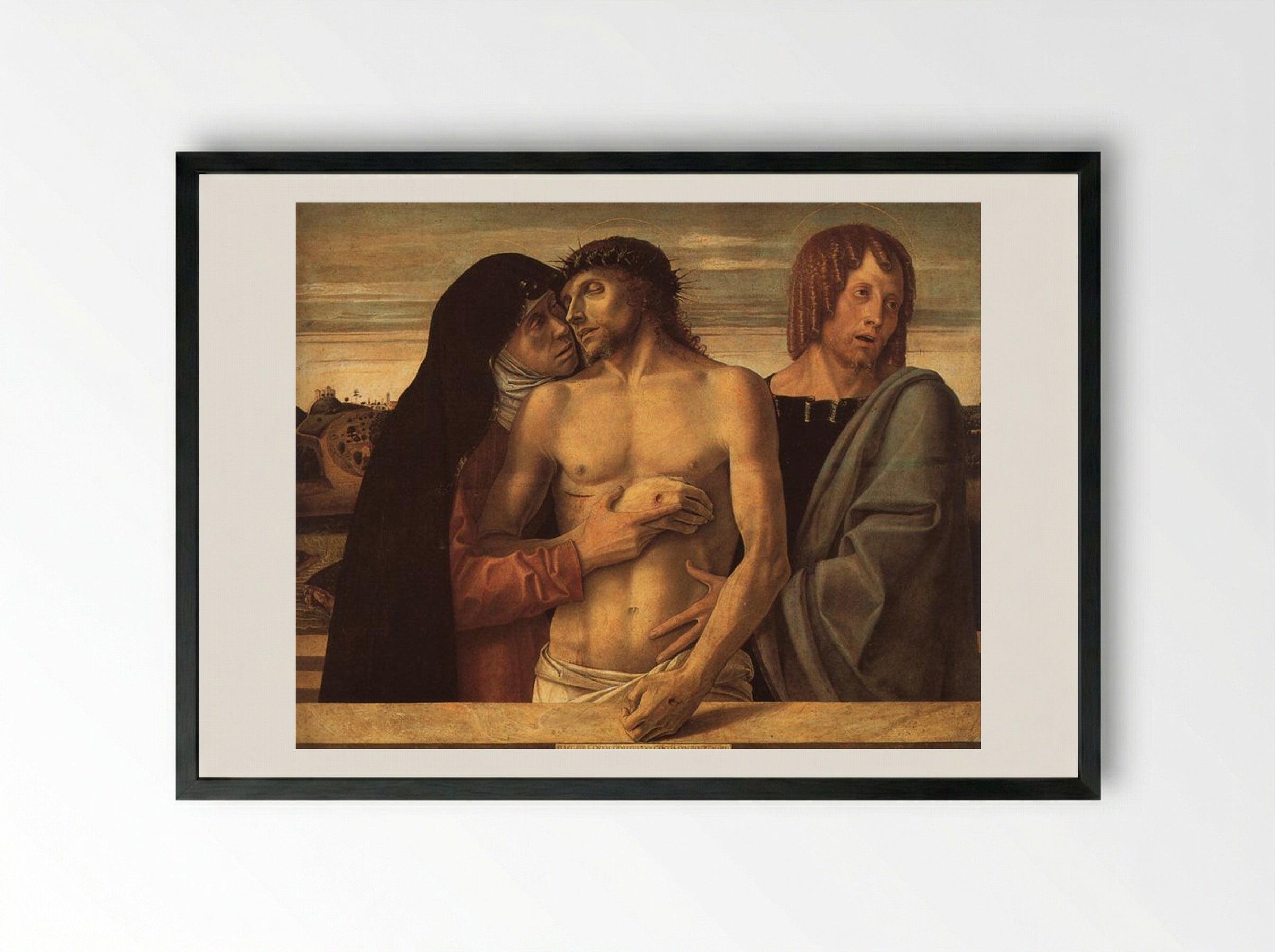 Dead Christ Supported by the Madonna and St. John - Giovanni Bellini - Framed Print Black