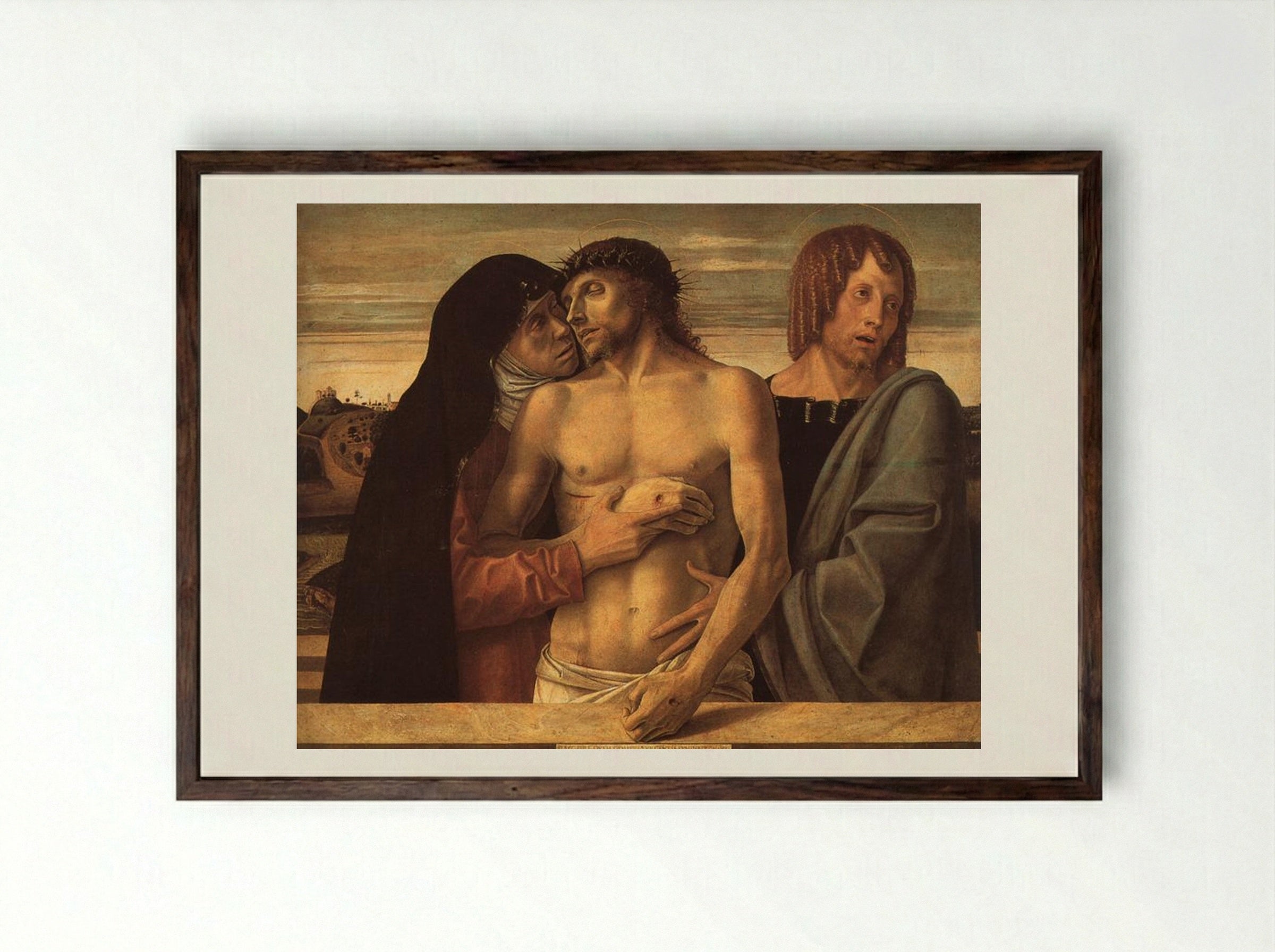 Dead Christ Supported by the Madonna and St. John - Giovanni Bellini - Framed Print Dark Wood