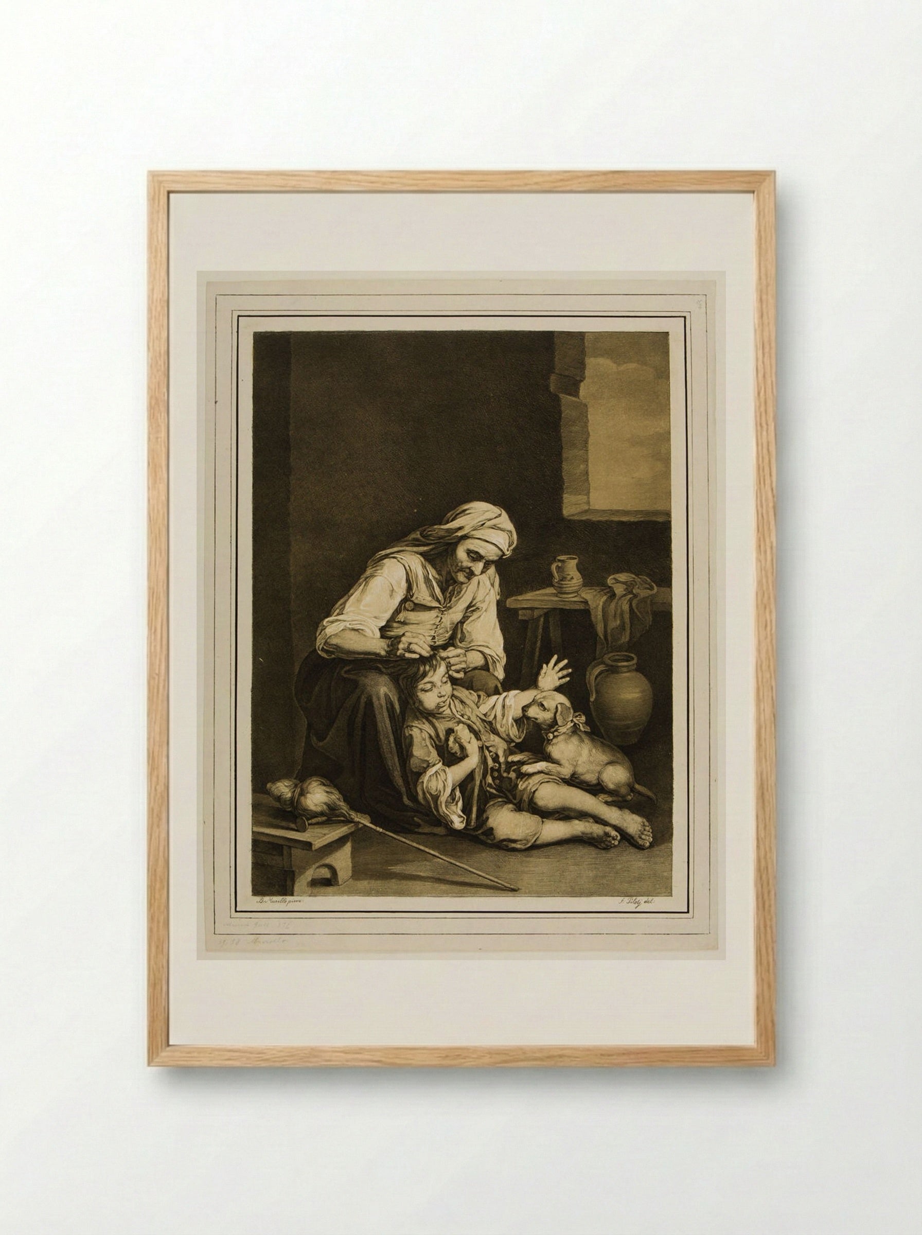 Woman, Boy, and Dog - Ferdinand Piloty - Framed Print Wood