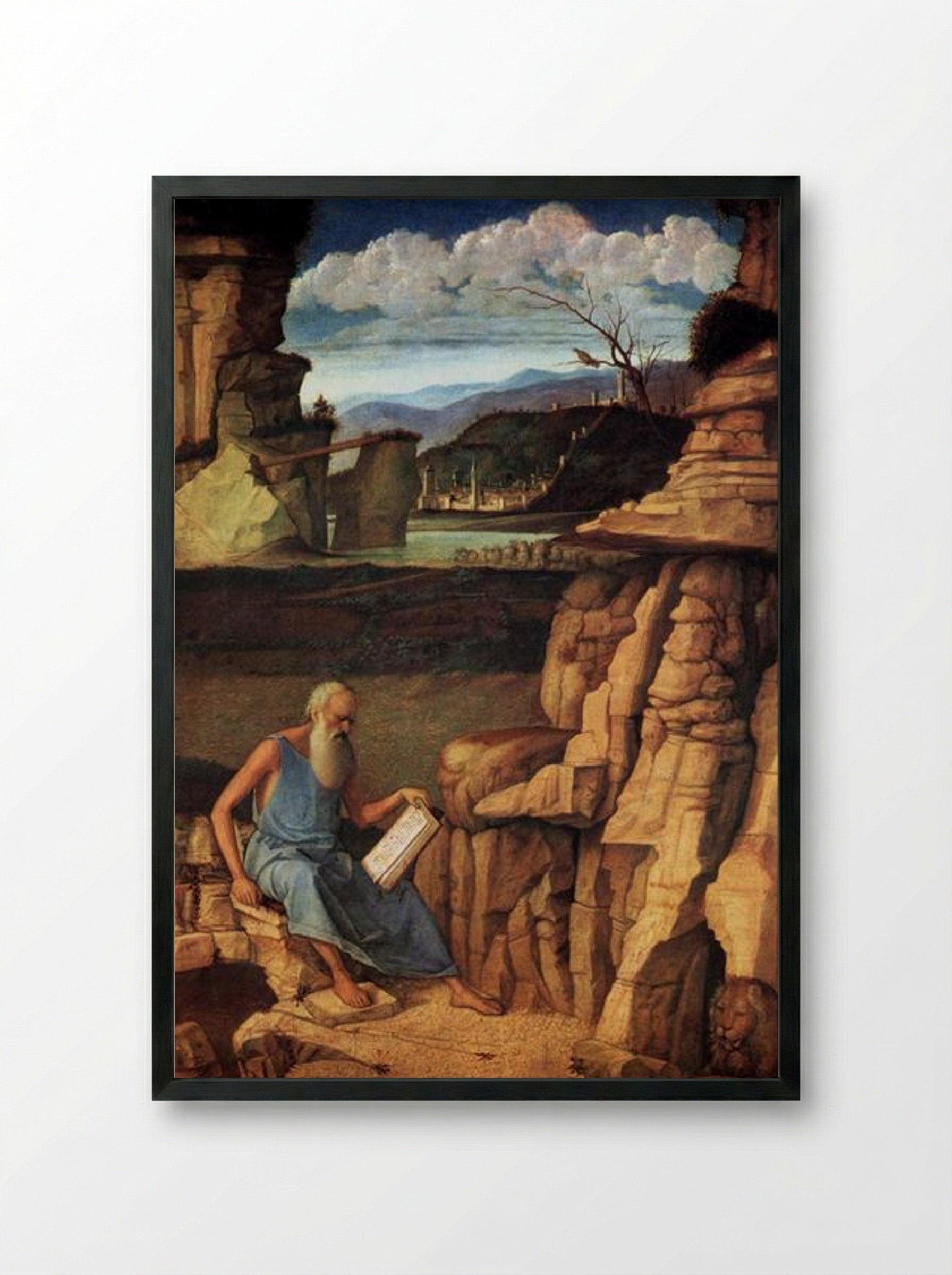 St Jerome Reading in the Countryside - Giovanni Bellini - Framed Print Black