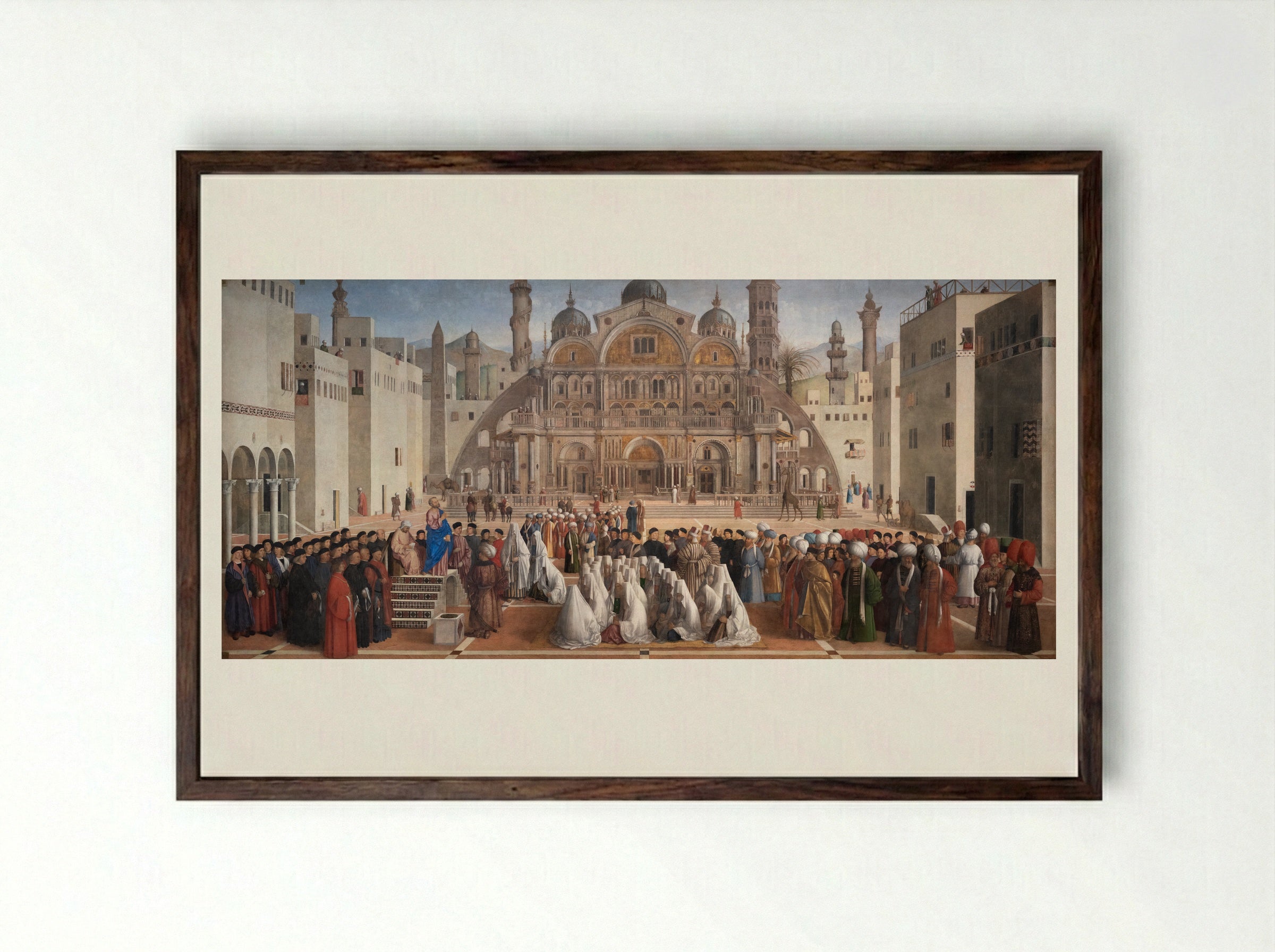 St. Mark Preaching in Alexandria - Giovanni Bellini - Framed Print Dark Wood