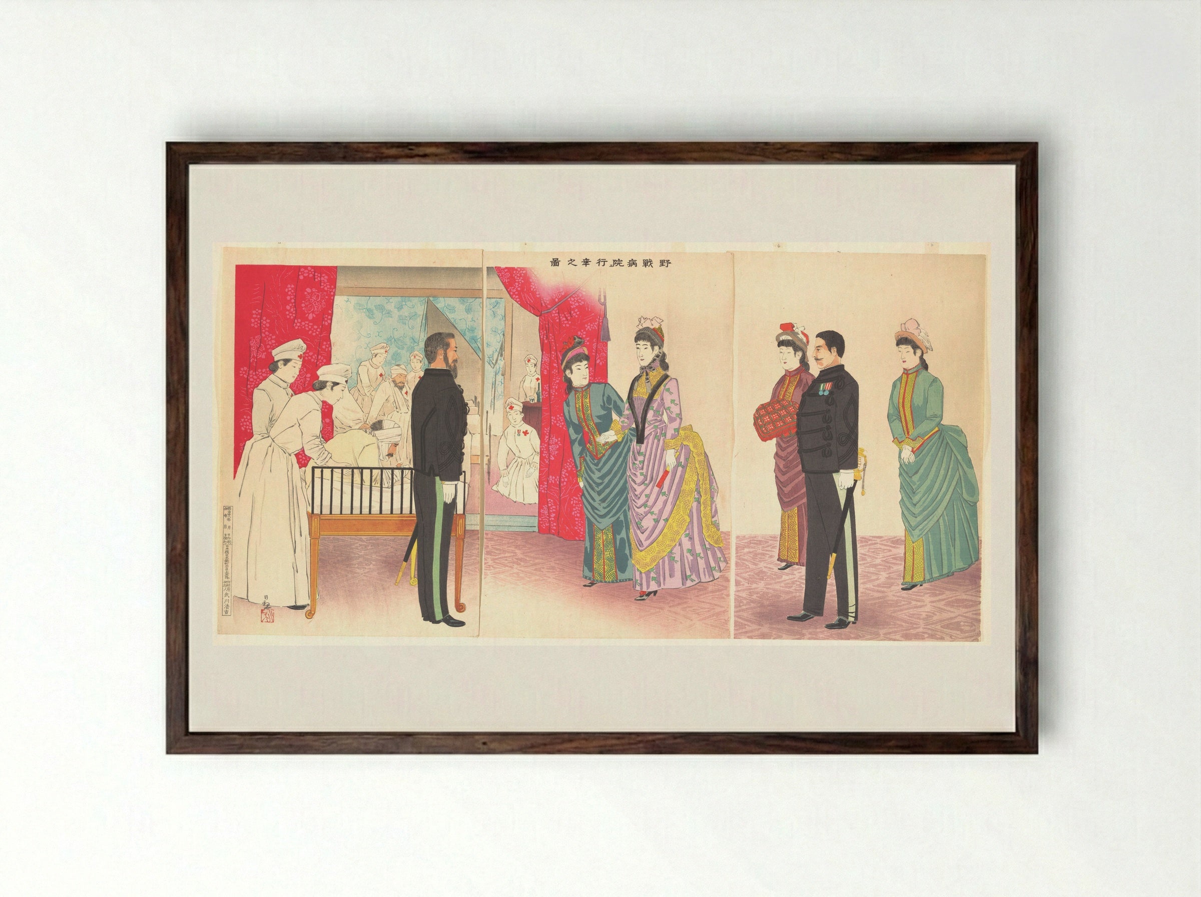 Illustration of the Empress Visiting a Field Hospital - Kobayashi Kiyochika - Framed Print Dark Wood