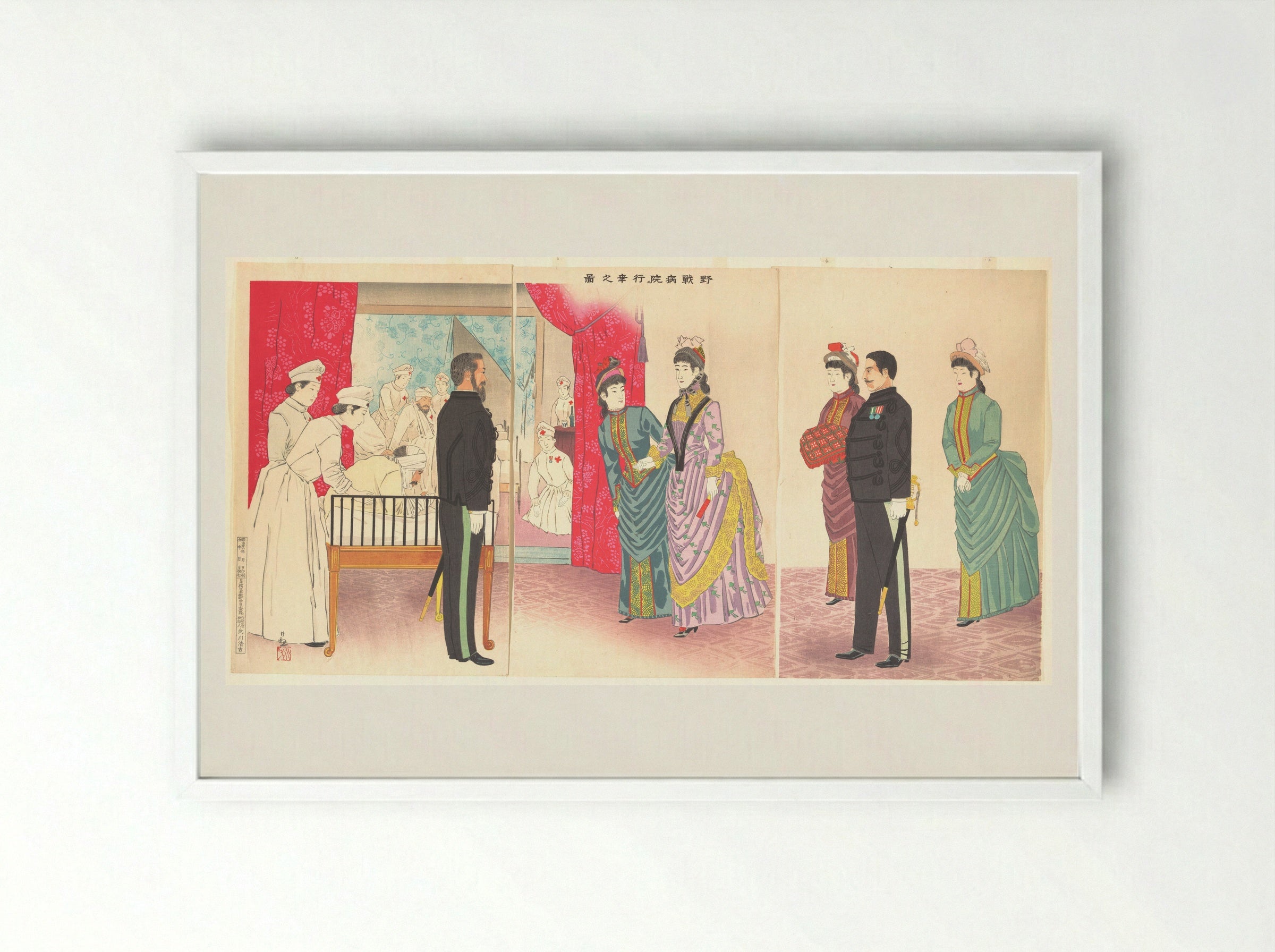 Illustration of the Empress Visiting a Field Hospital - Kobayashi Kiyochika - Framed Print White
