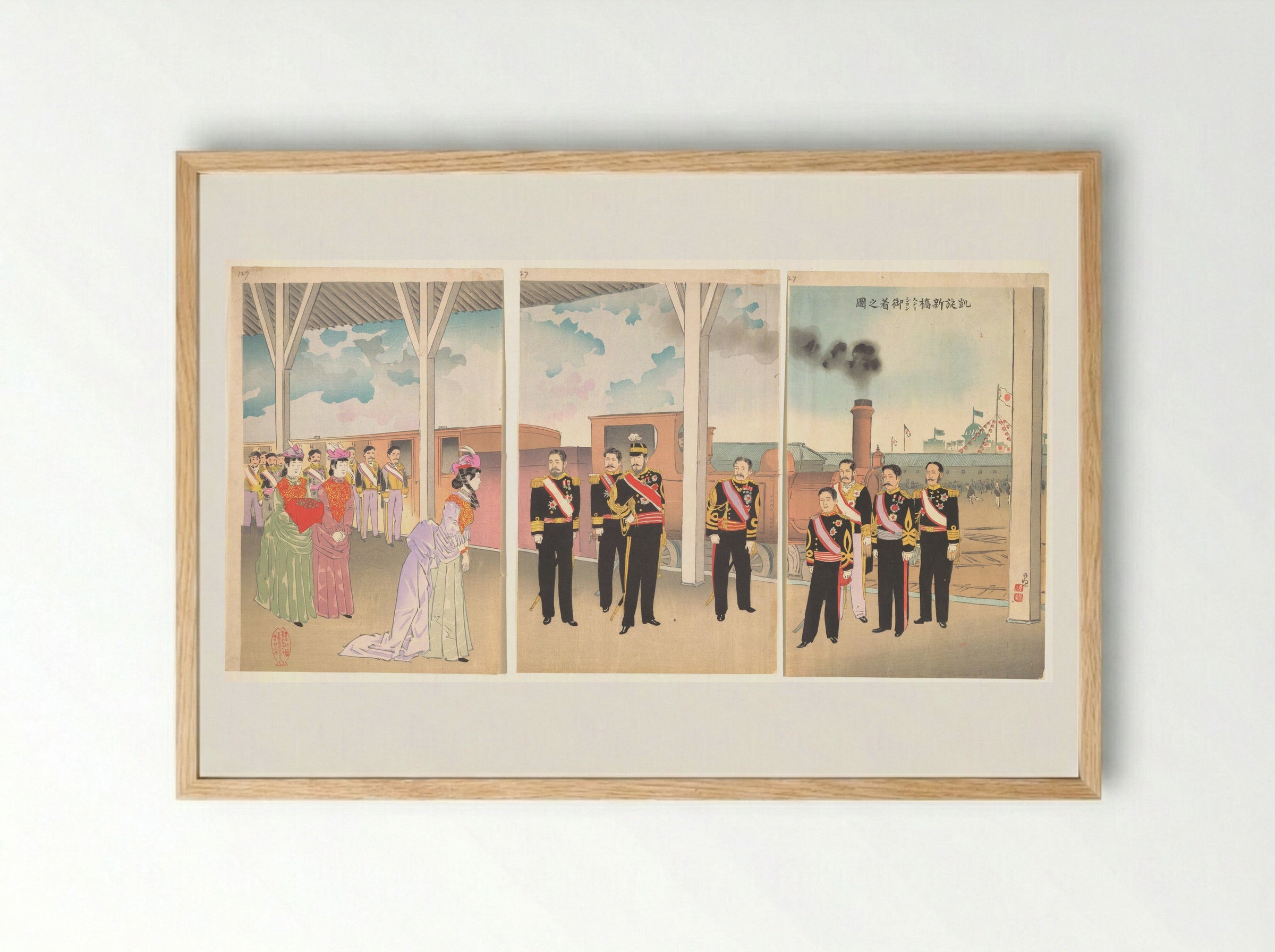 Triumphant Arrival of the Emperor at Shinbashi Station - Kobayashi Kiyochika - Framed Print Wood