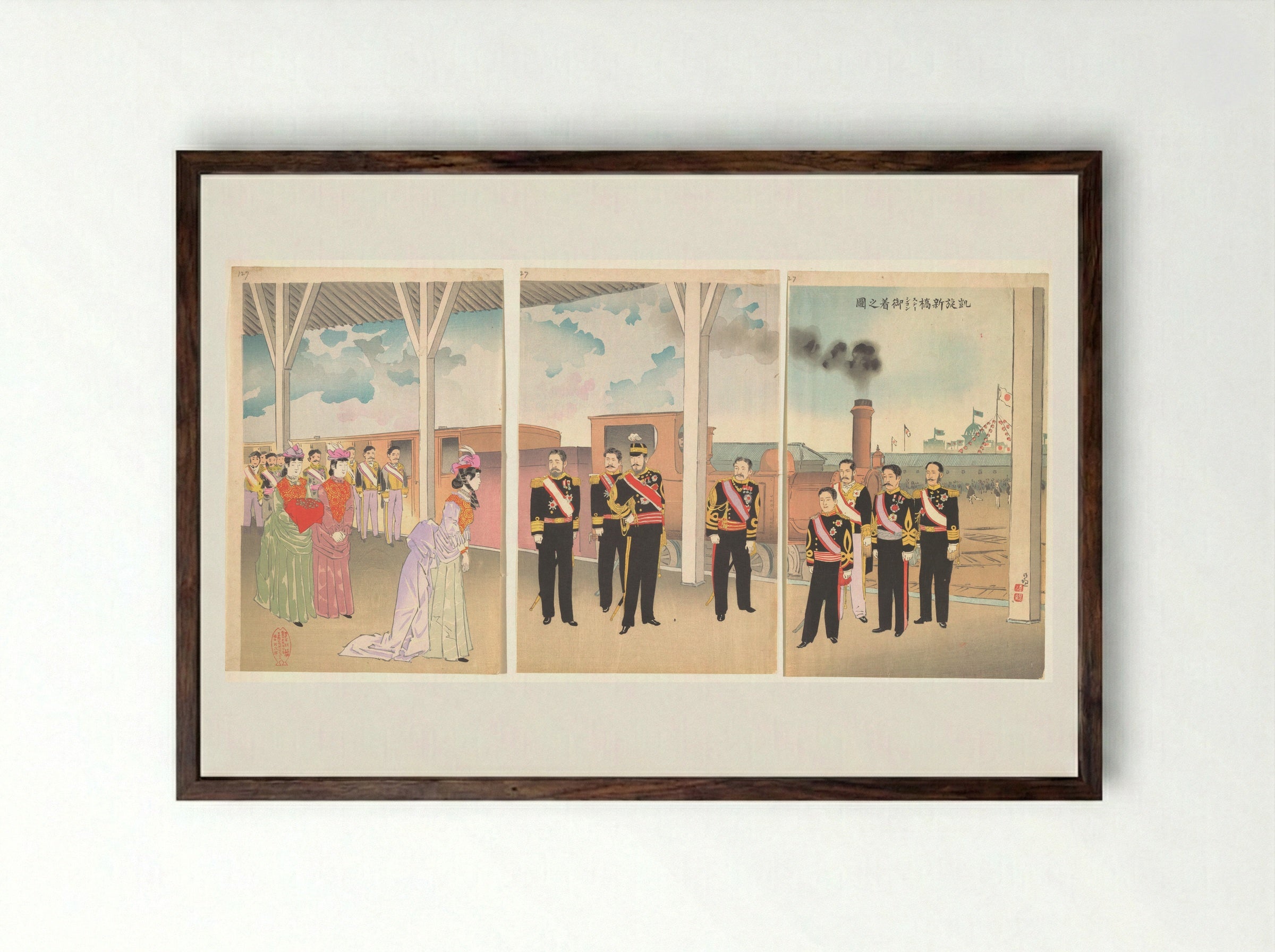Triumphant Arrival of the Emperor at Shinbashi Station - Kobayashi Kiyochika - Framed Print Dark Wood