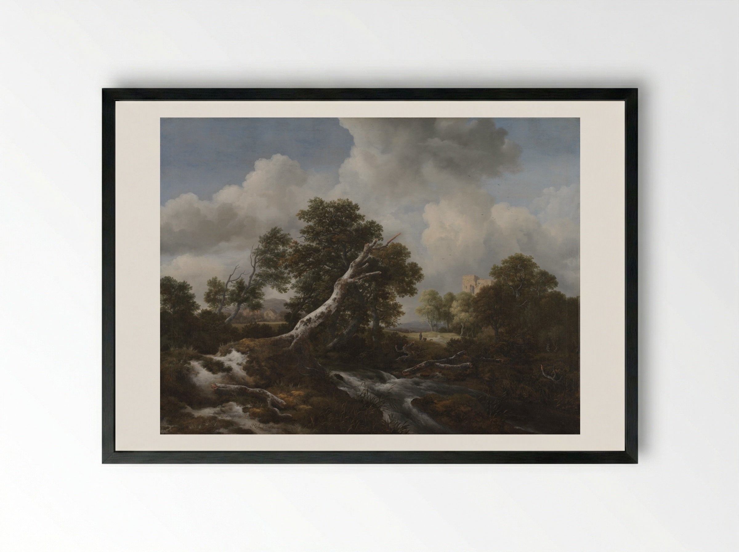 Low Waterfall in a Wooded Landscape with a Dead Beech Tree - Jacob van Ruisdael - Framed Print Black