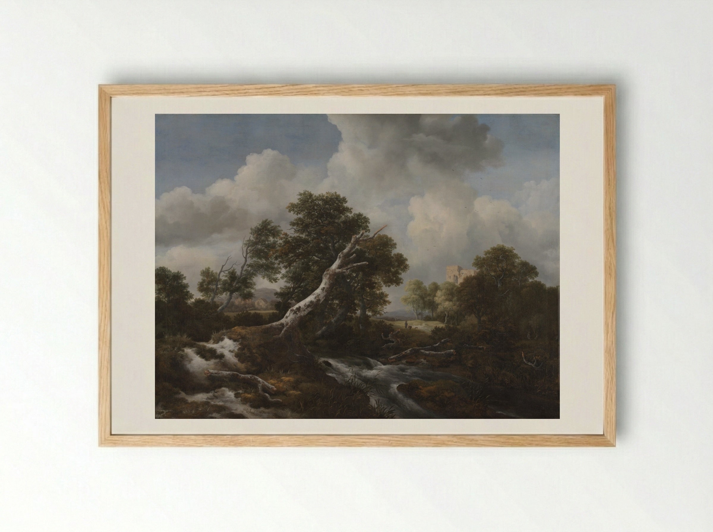 Low Waterfall in a Wooded Landscape with a Dead Beech Tree - Jacob van Ruisdael - Framed Print Wood