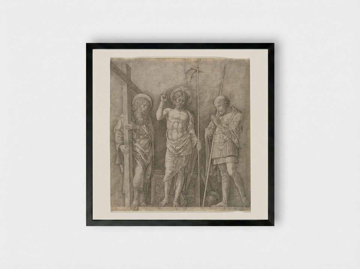 Risen Christ between Saint Andrew and Saint Longinus - Andrea Mantegna - Framed Print Black