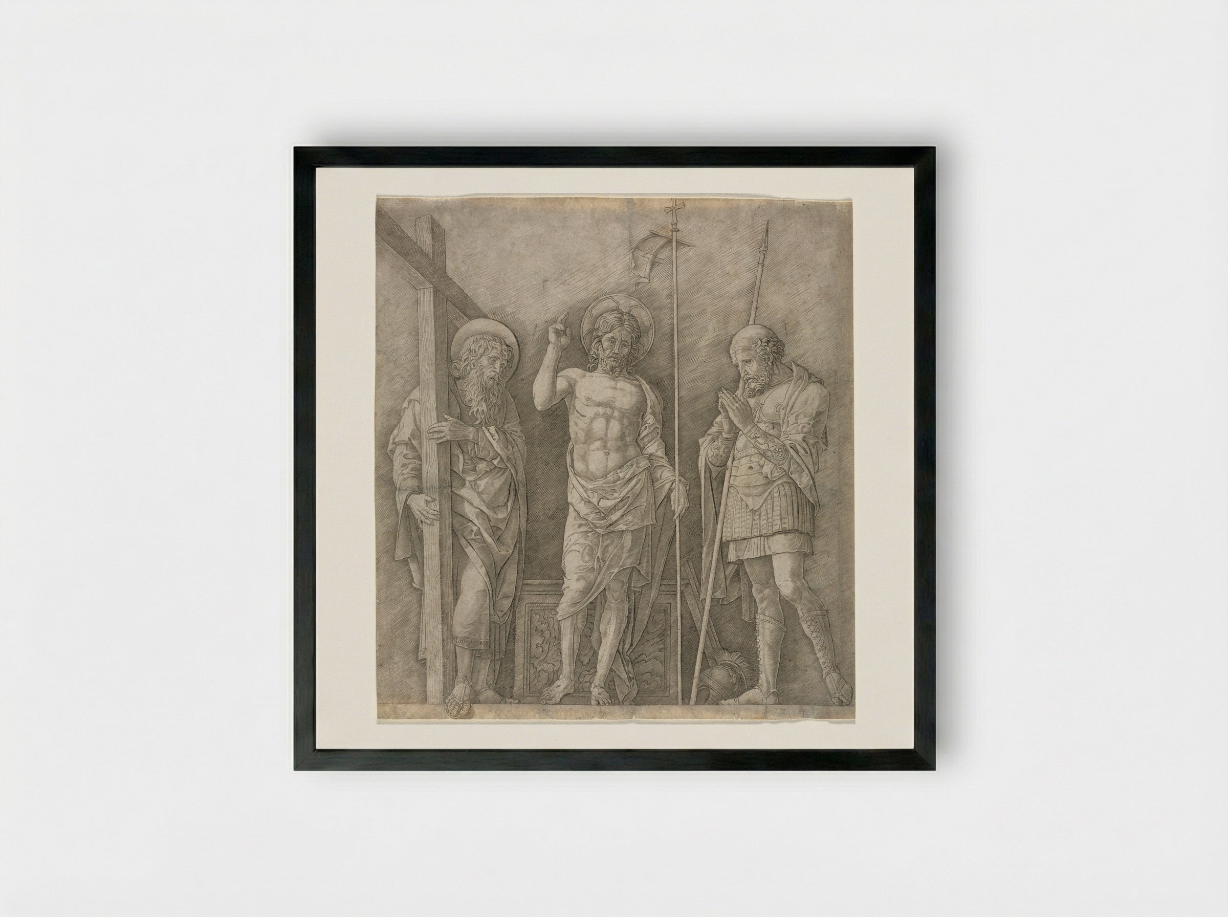 Risen Christ between Saint Andrew and Saint Longinus - Andrea Mantegna - Framed Print Black