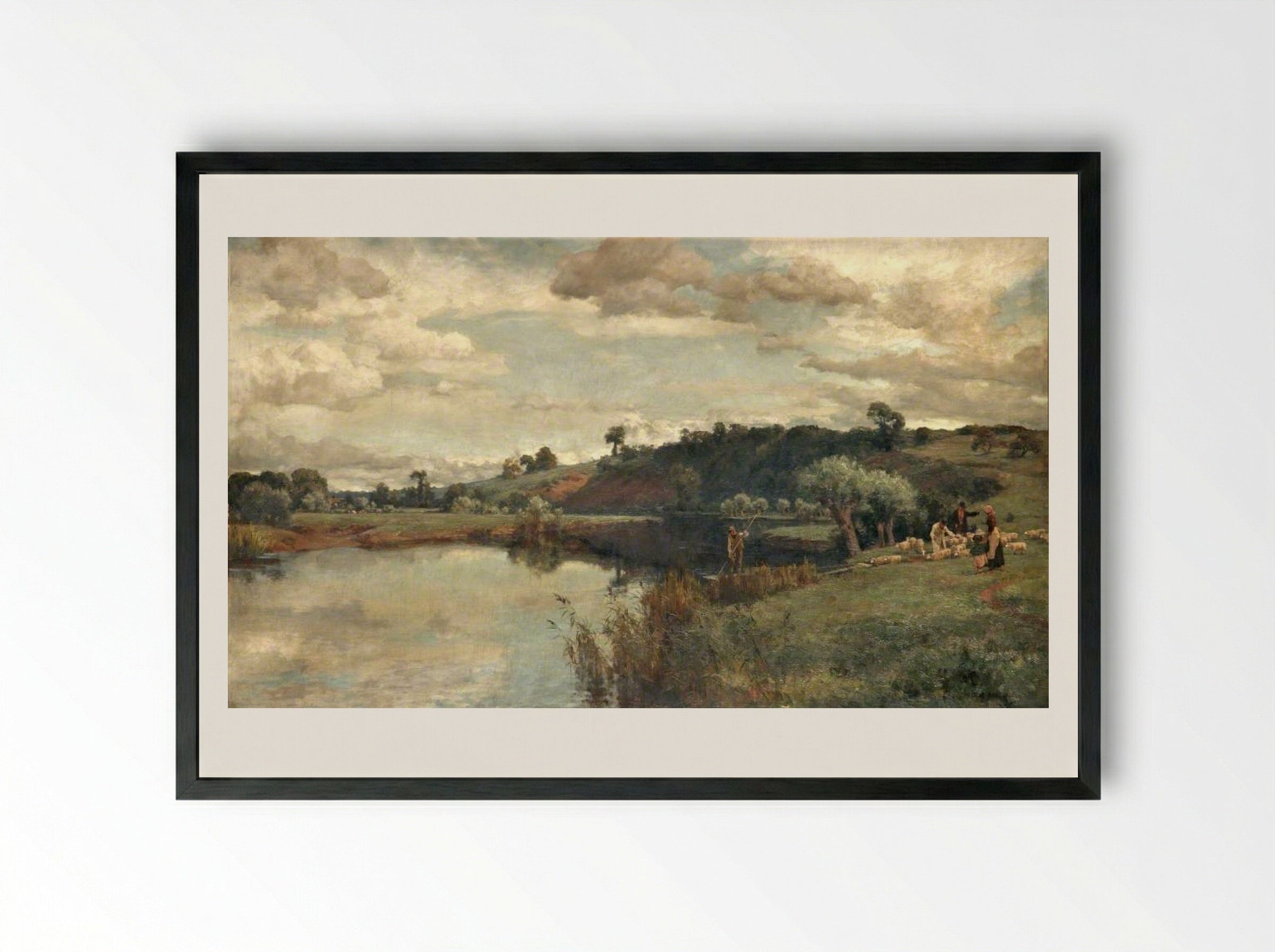 River Scene with a Shepherd and Sheep by a Ferry - Alfred Parsons - Framed Print Black