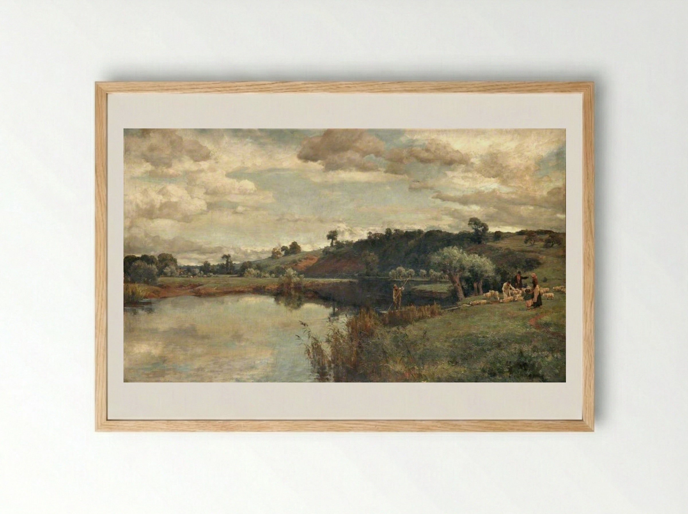 River Scene with a Shepherd and Sheep by a Ferry - Alfred Parsons - Framed Print Wood