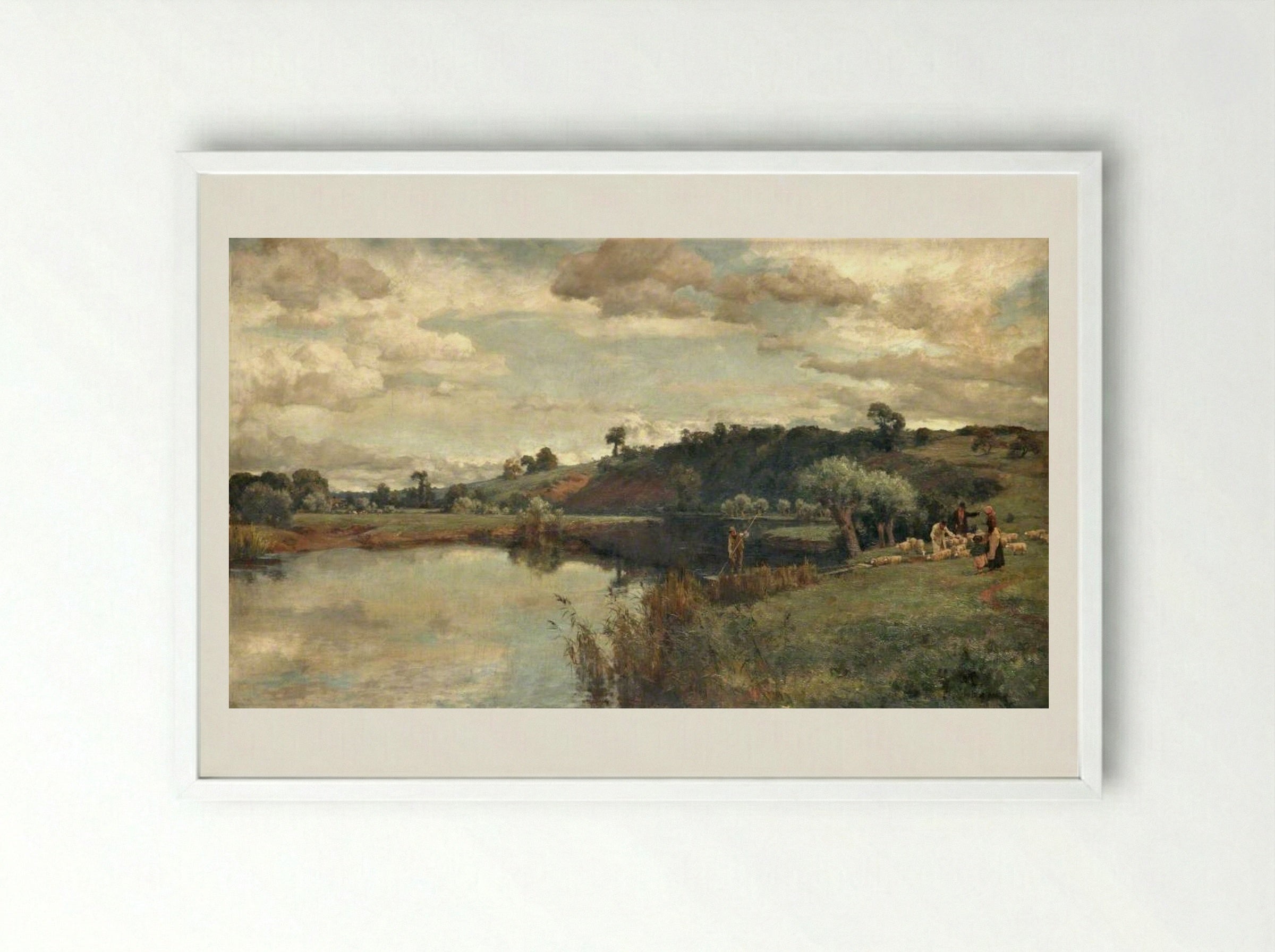 River Scene with a Shepherd and Sheep by a Ferry - Alfred Parsons - Framed Print White