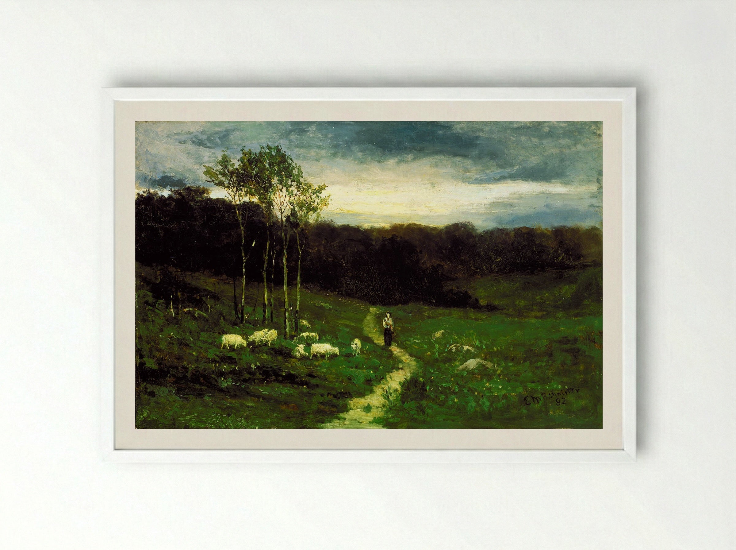 Landscape with Woman Walking on Path - Edward Mitchell Bannister - Framed Print White