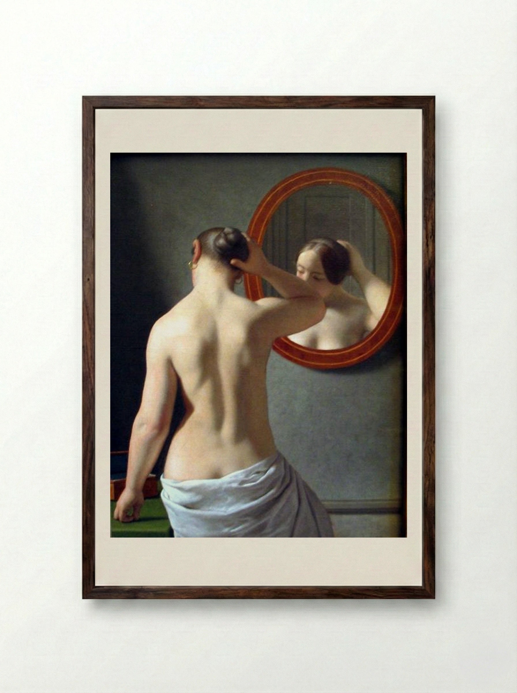 Woman Standing in Front of a Mirror - Christoffer Wilhelm Eckersberg - Framed Print Dark Wood