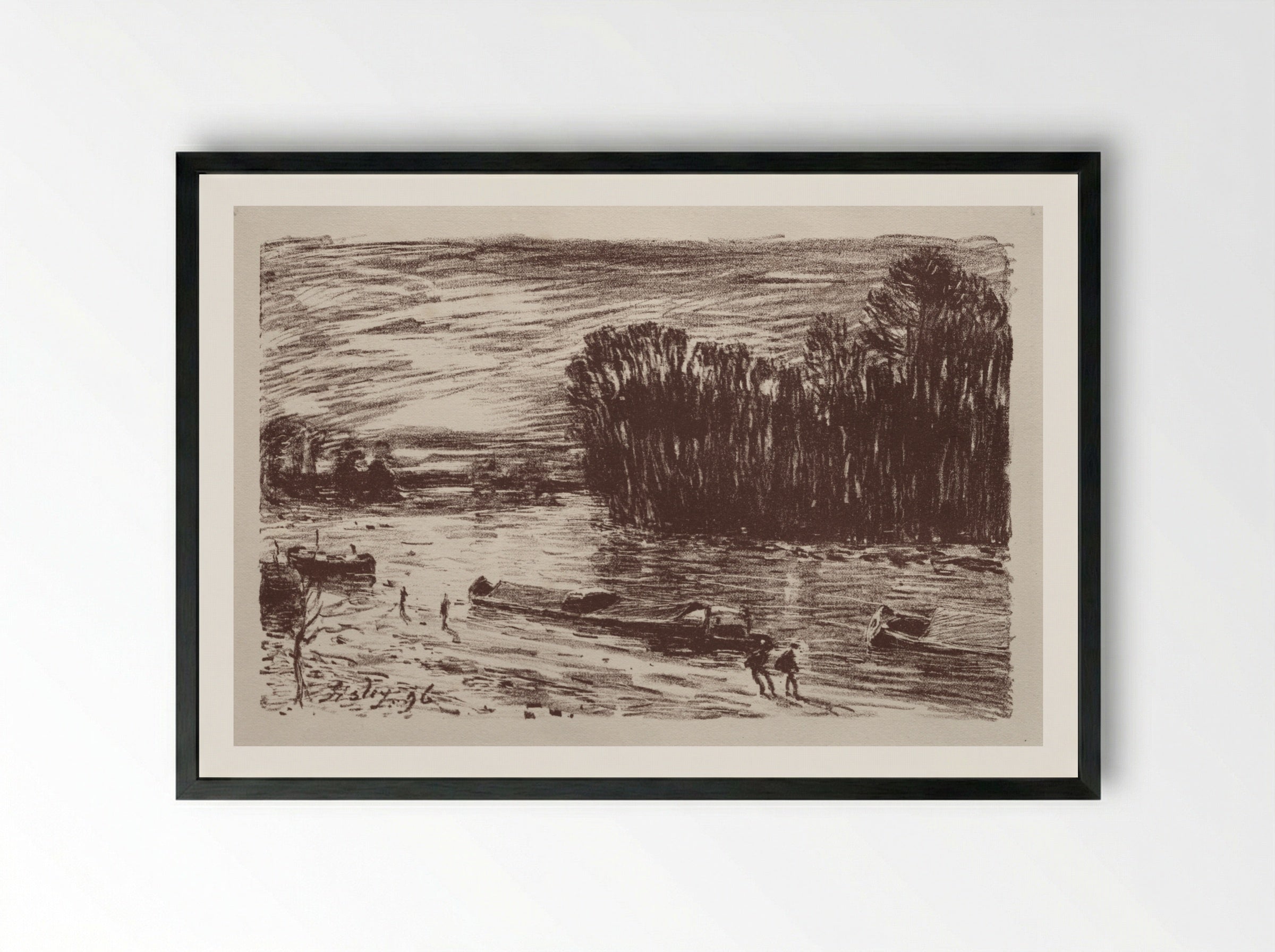 On the Banks of the Loing - Alfred Sisley - Framed Print Black