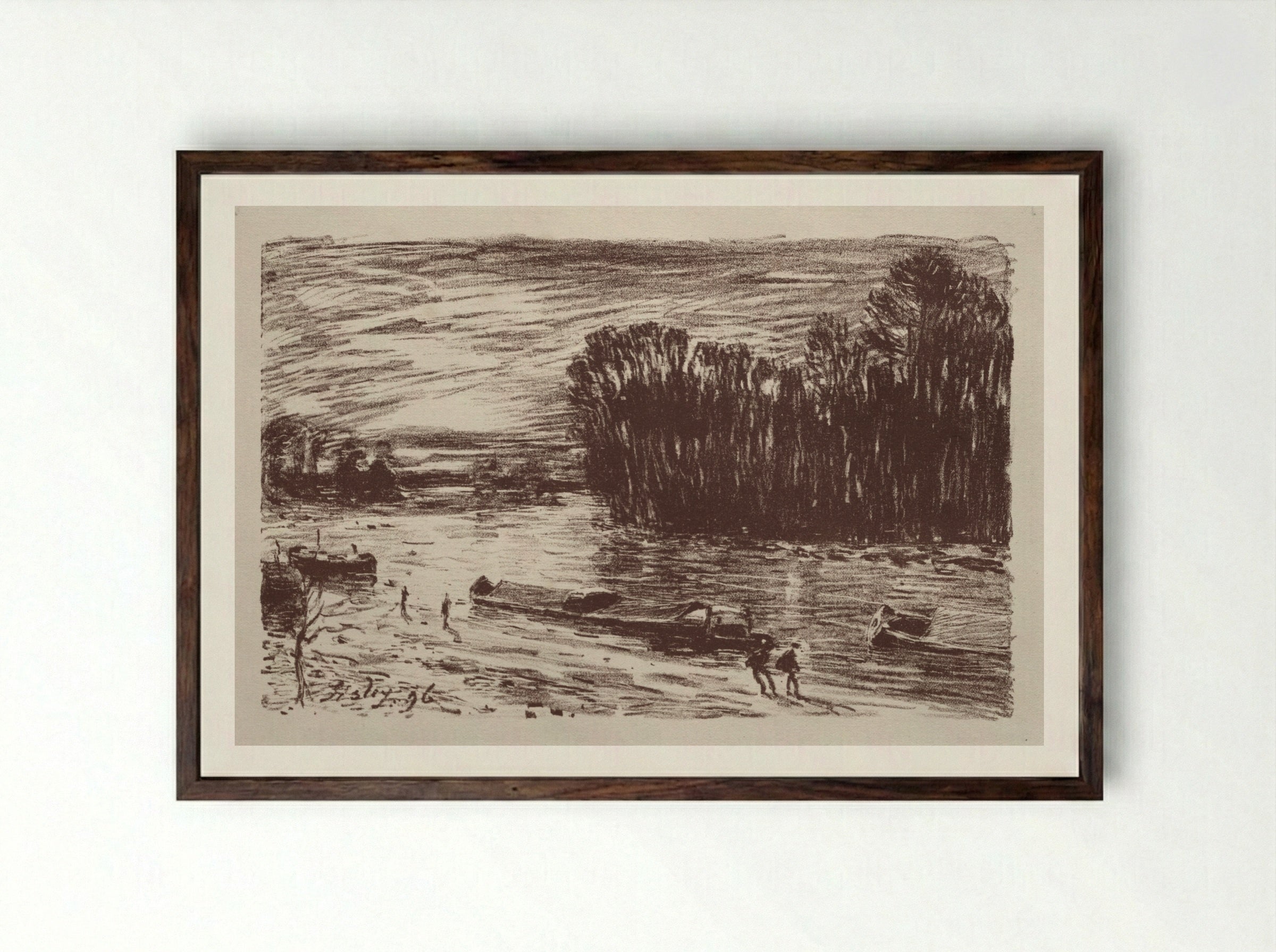 On the Banks of the Loing - Alfred Sisley - Framed Print Dark Wood