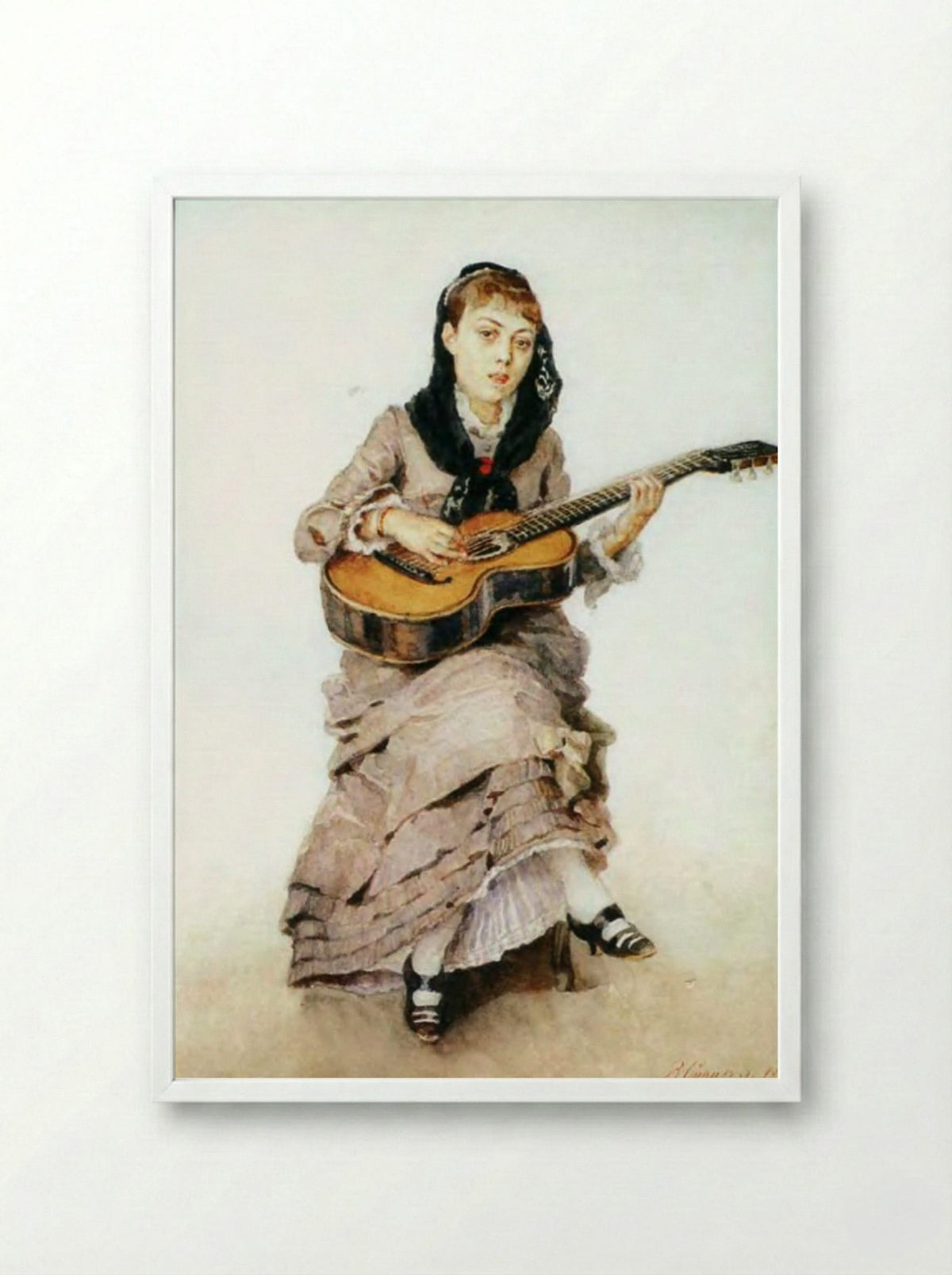 Portrait of Princess S. A. Kropotkina with Guitar - Vasily Surikov - Framed Print White