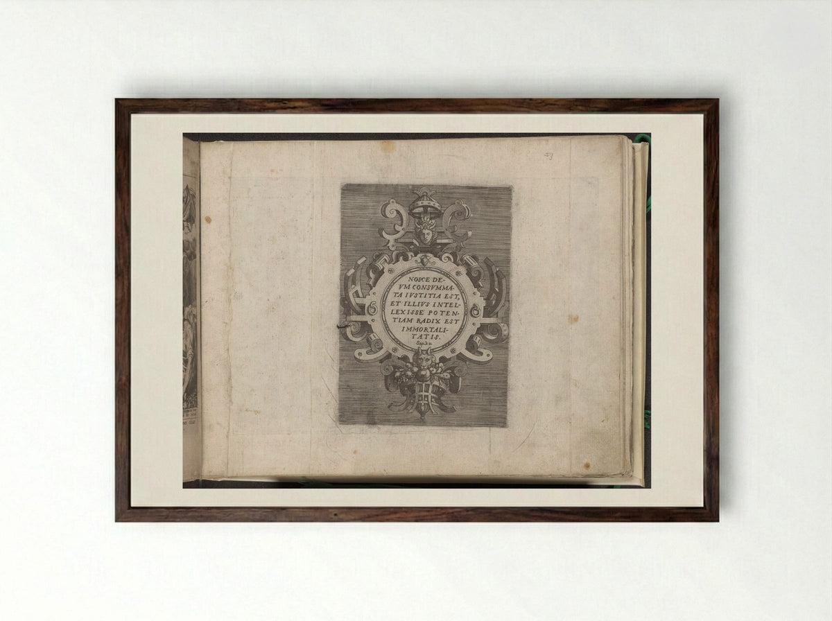 Cartouche with Text from the Book of Wisdom - Gerard de Jode - Framed Print Dark Wood