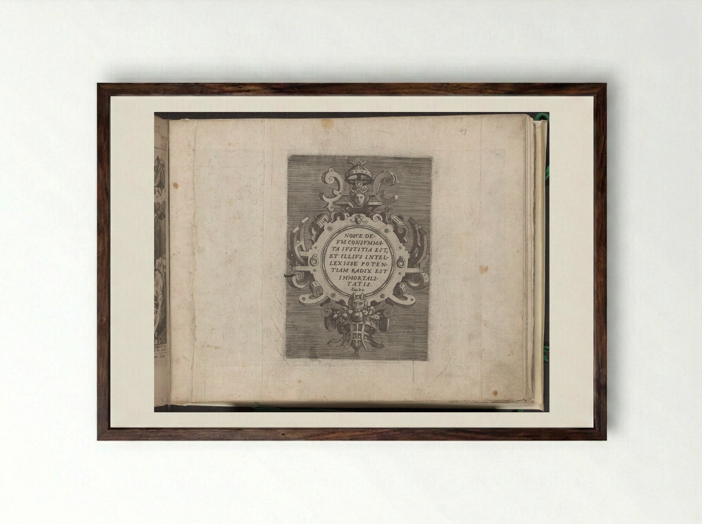 Cartouche with Text from the Book of Wisdom - Gerard de Jode - Framed Print Dark Wood