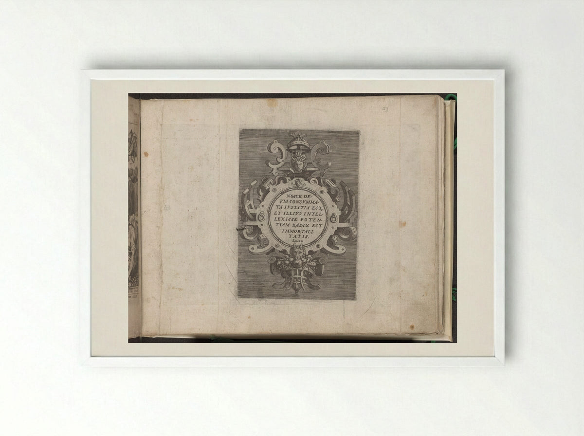 Cartouche with Text from the Book of Wisdom - Gerard de Jode - Framed Print White