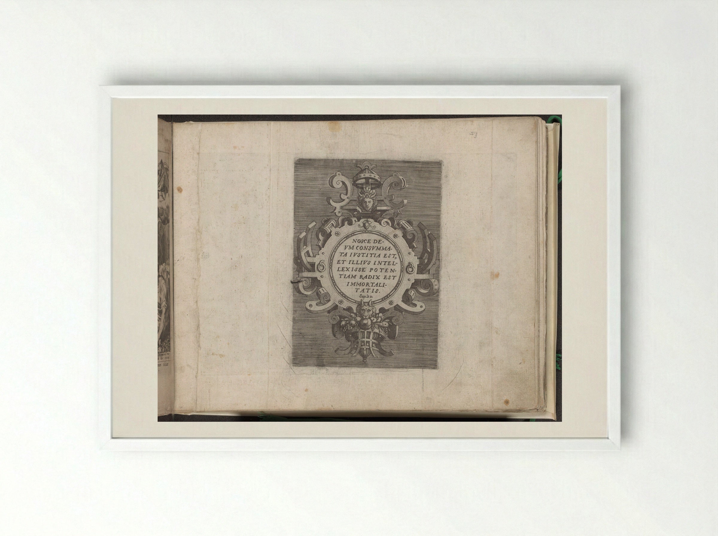 Cartouche with Text from the Book of Wisdom - Gerard de Jode - Framed Print White