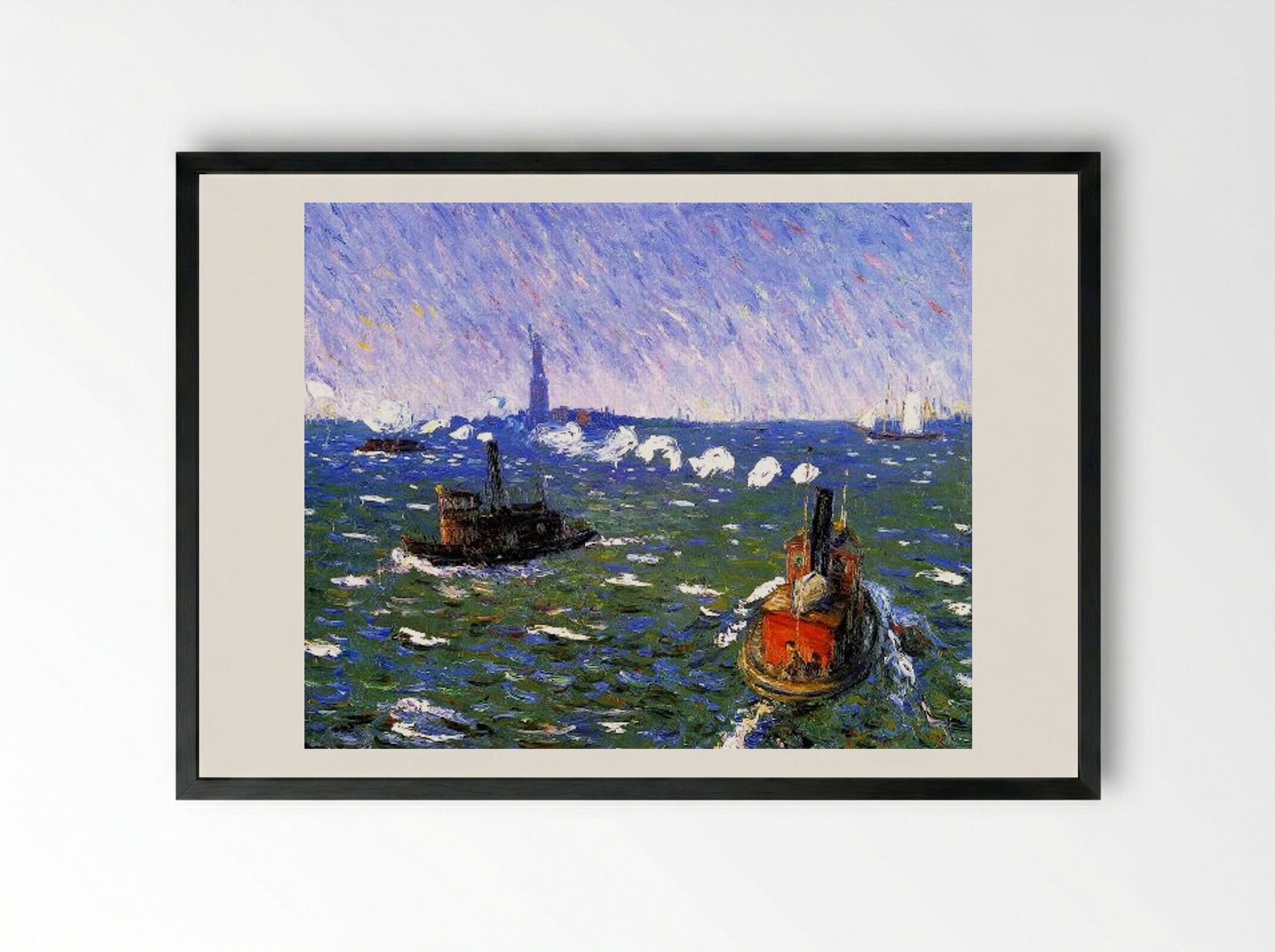 Breezy Day, Tugboats, New York Harbor - William James Glackens - Framed Print Black