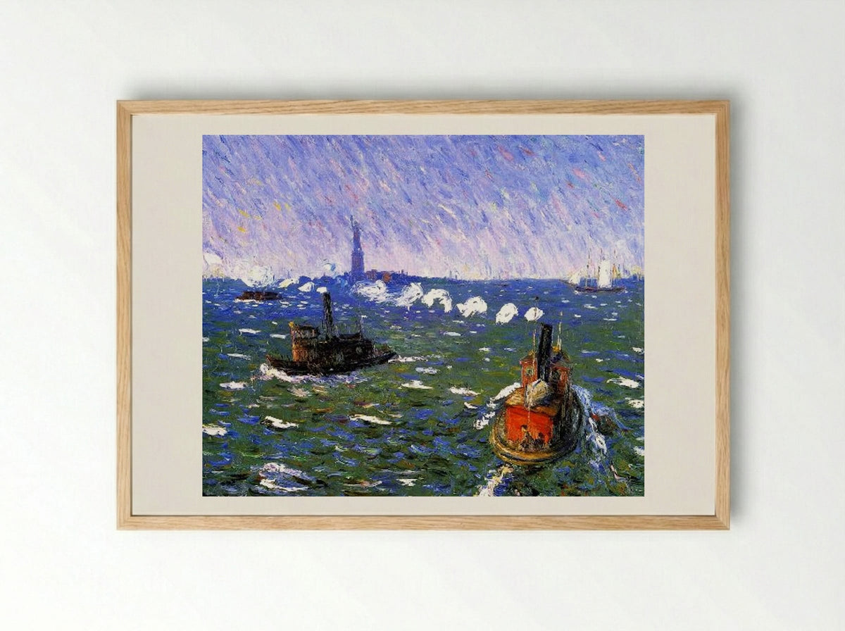 Breezy Day, Tugboats, New York Harbor - William James Glackens - Framed Print Wood