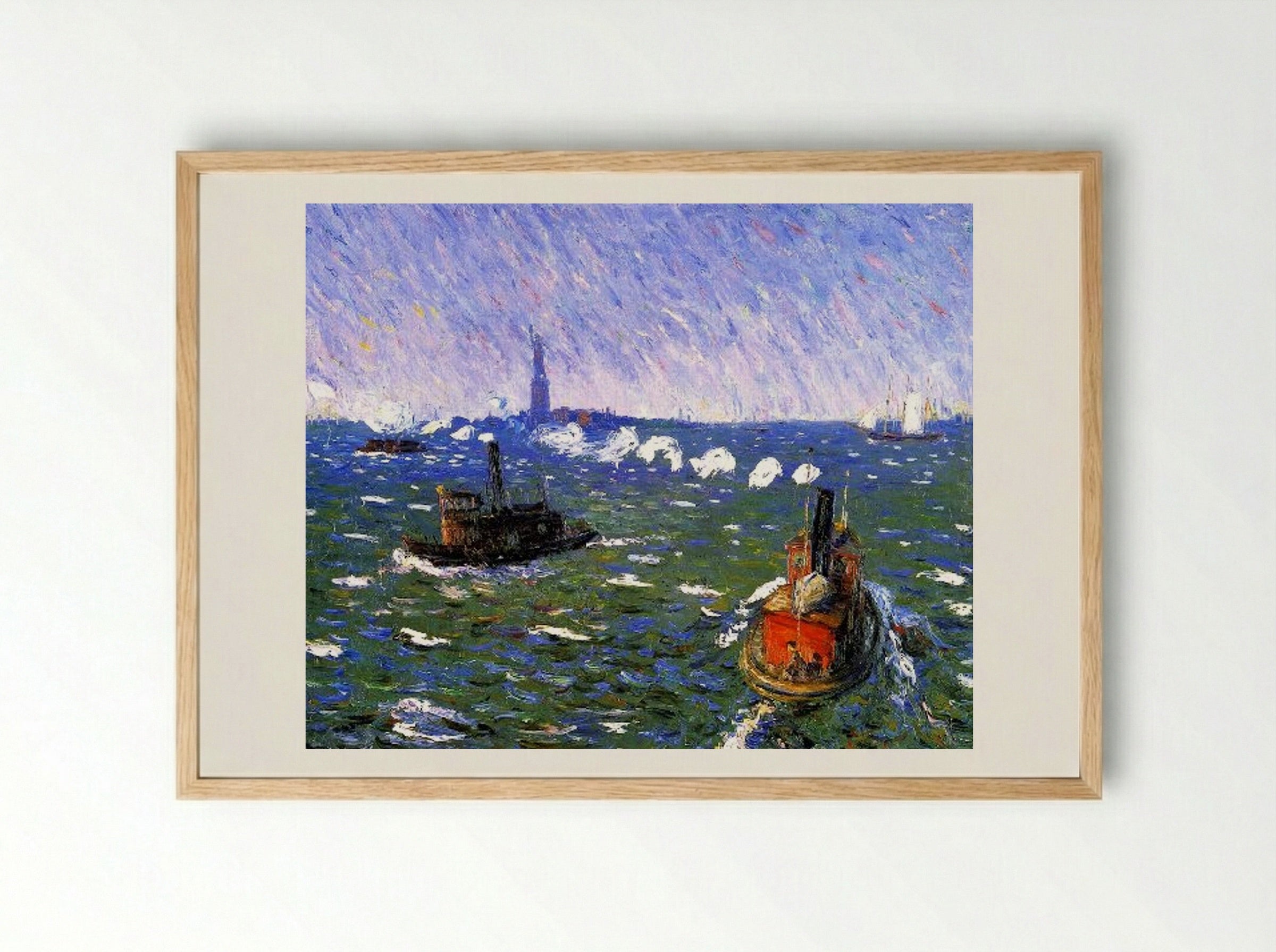 Breezy Day, Tugboats, New York Harbor - William James Glackens - Framed Print Wood