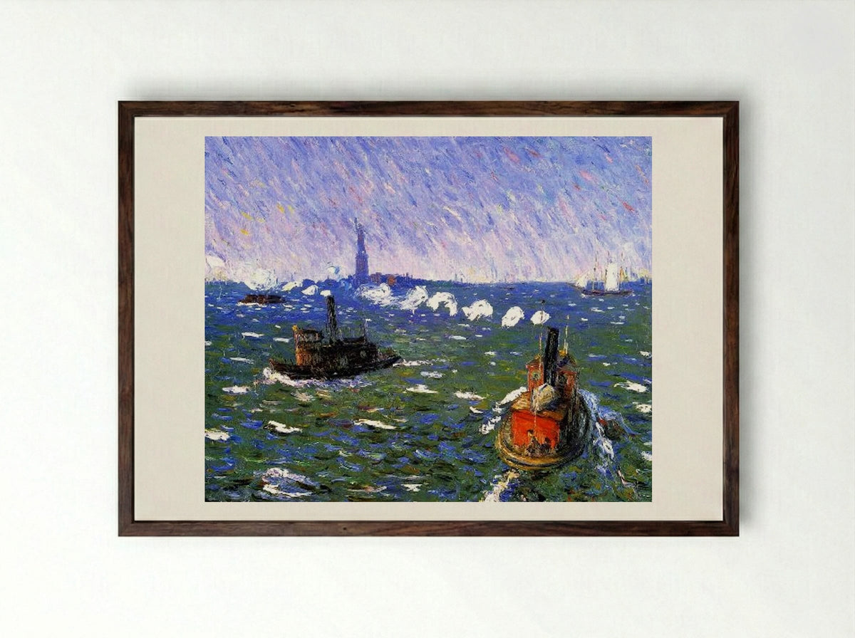Breezy Day, Tugboats, New York Harbor - William James Glackens - Framed Print Dark Wood