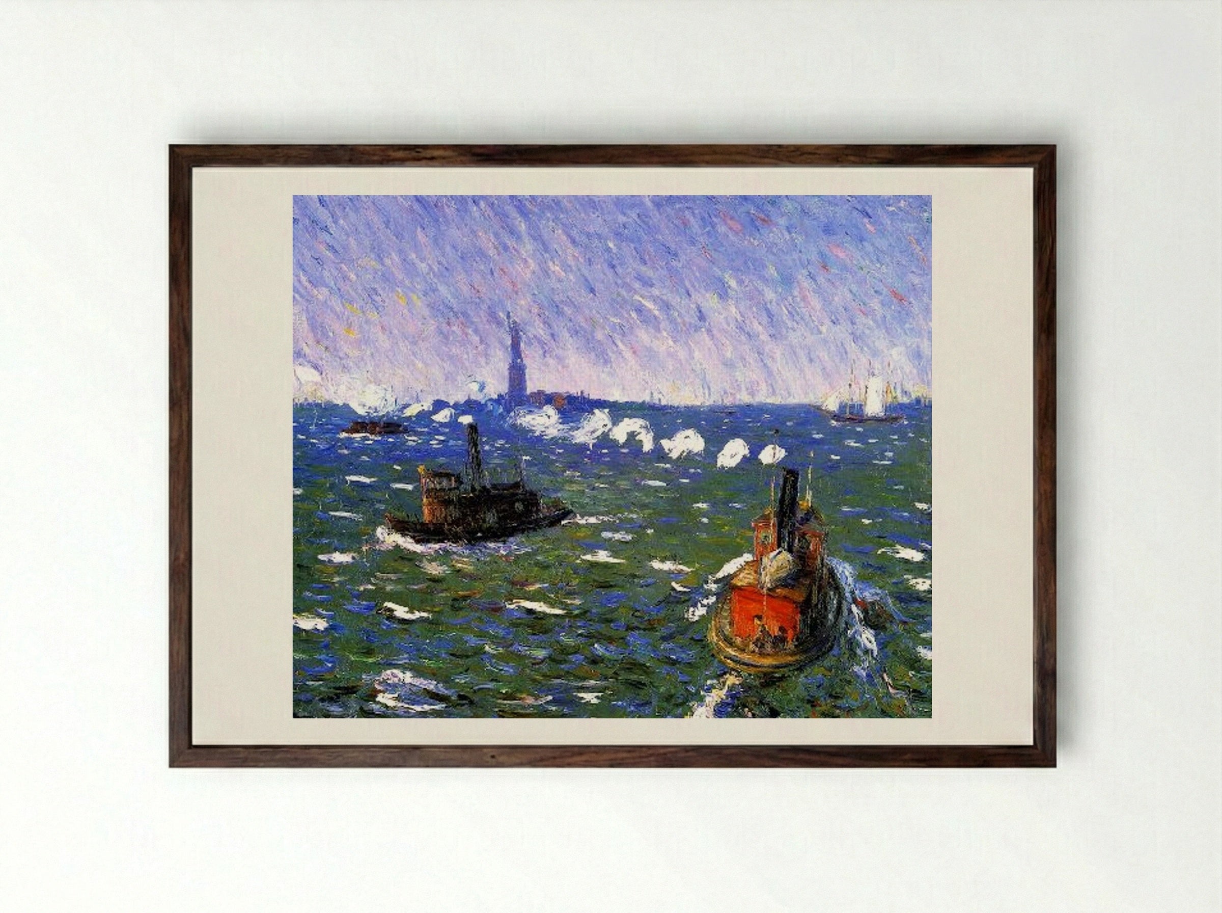 Breezy Day, Tugboats, New York Harbor - William James Glackens - Framed Print Dark Wood