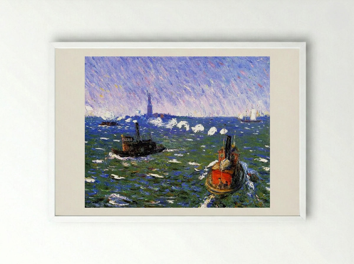 Breezy Day, Tugboats, New York Harbor - William James Glackens - Framed Print White