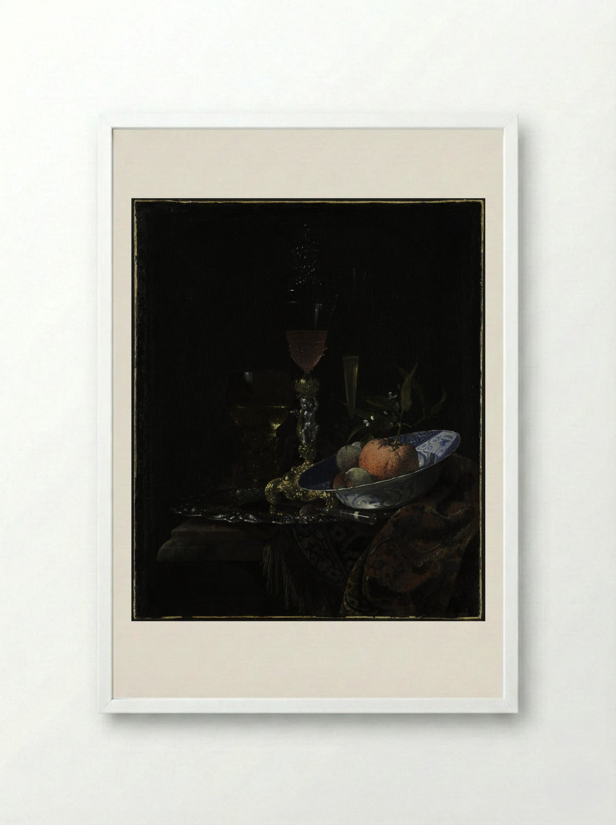 Still-Life with Chinese Porcelain Bowl - Willem Kalf - Framed Print White