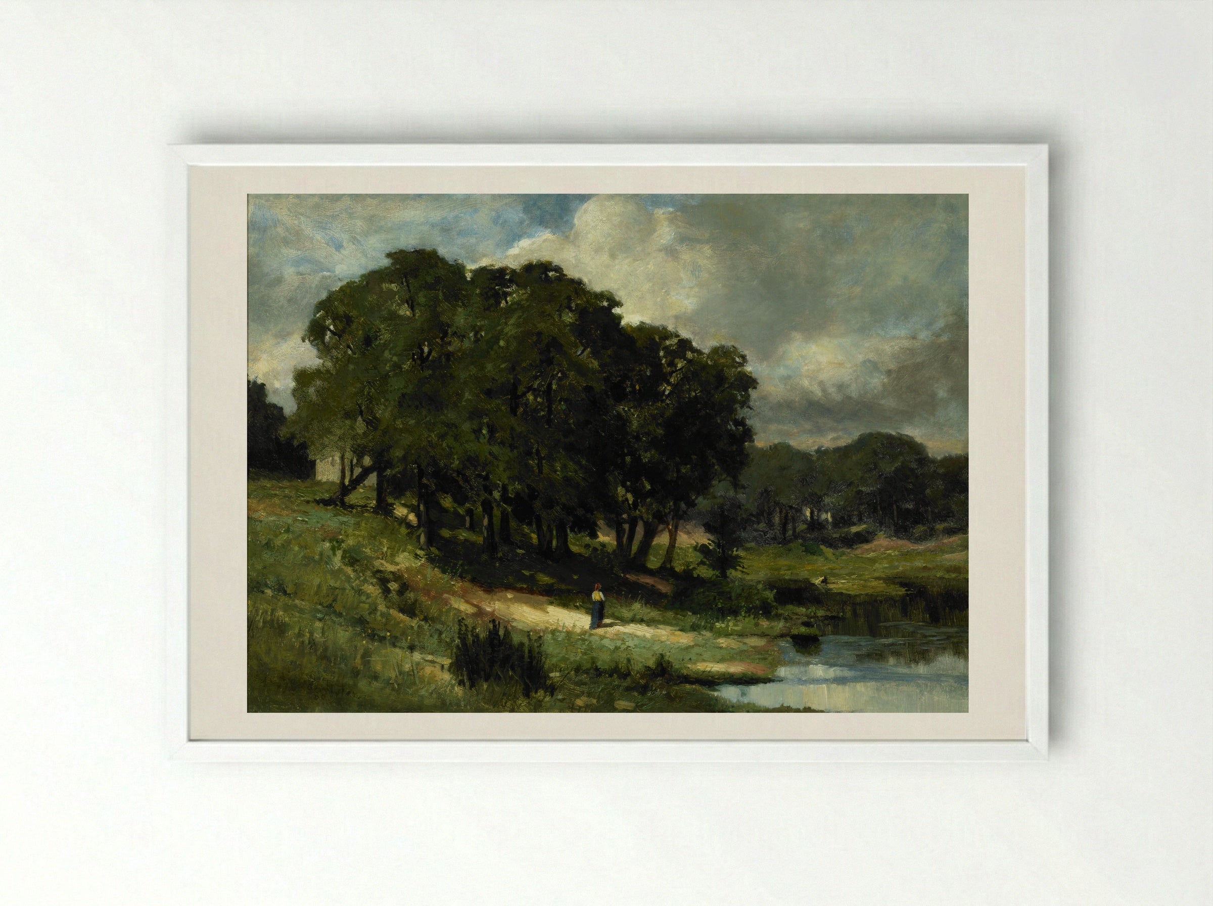 Woman Standing Near a Pond - Edward Mitchell Bannister - Framed Print White