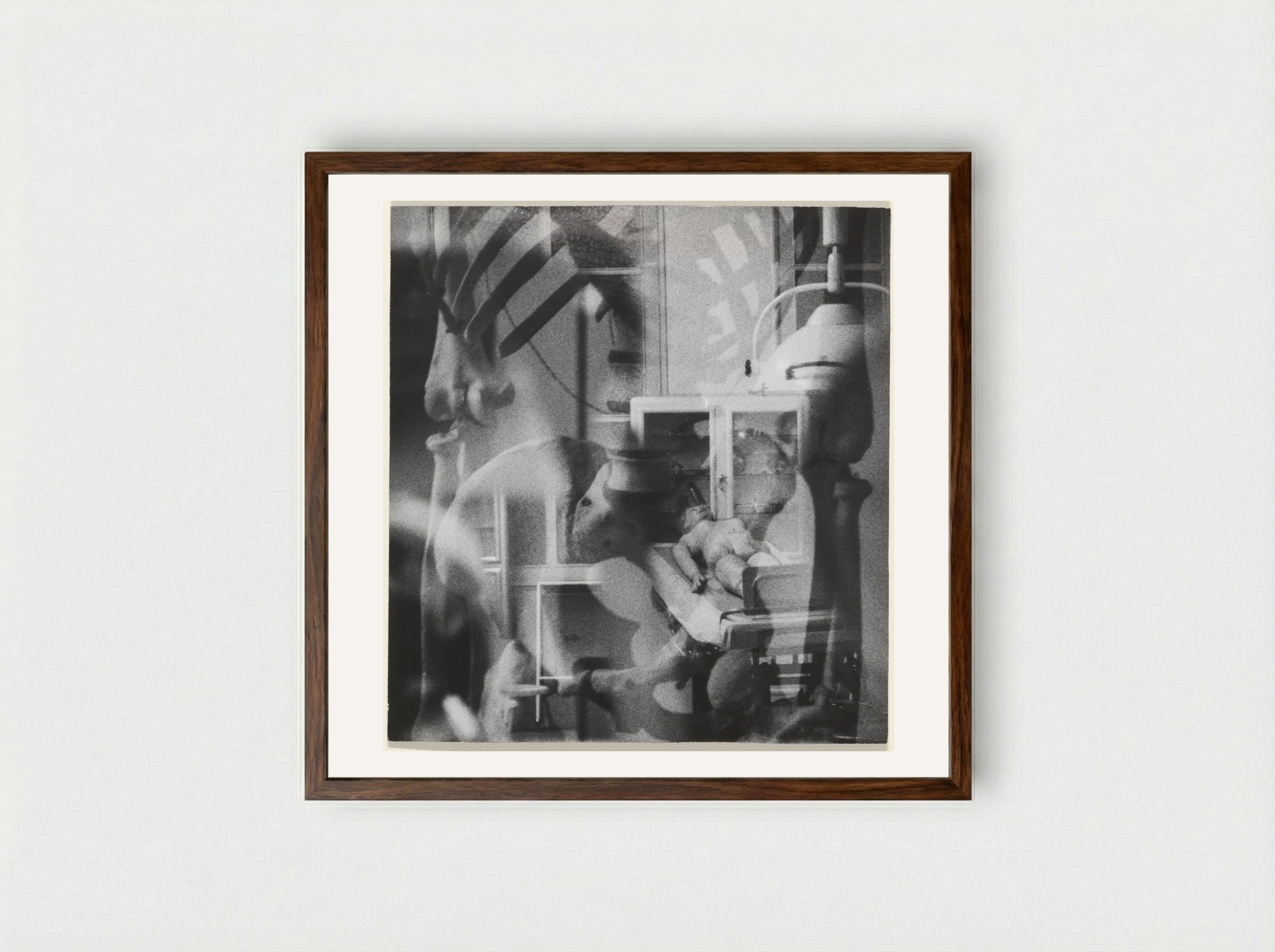Fragment van een menselijk skelet, pop in een ziekenhuisbed - Sanne Sannes - Framed Print Dark Wood