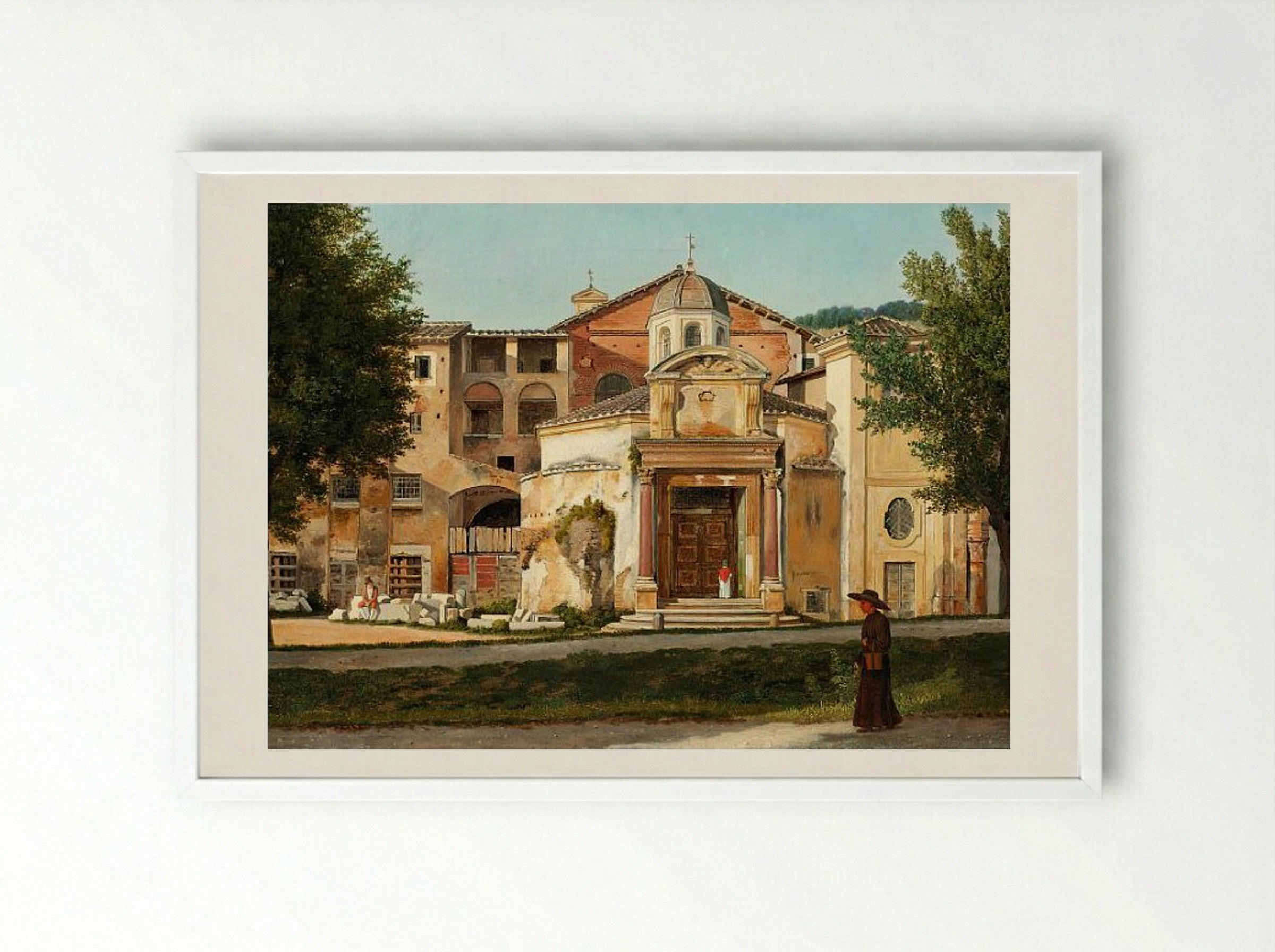 A Section of the Via Sacra, Rome (The Church of Saints Cosmas and Damian) - Christoffer Wilhelm Eckersberg - Framed Print White