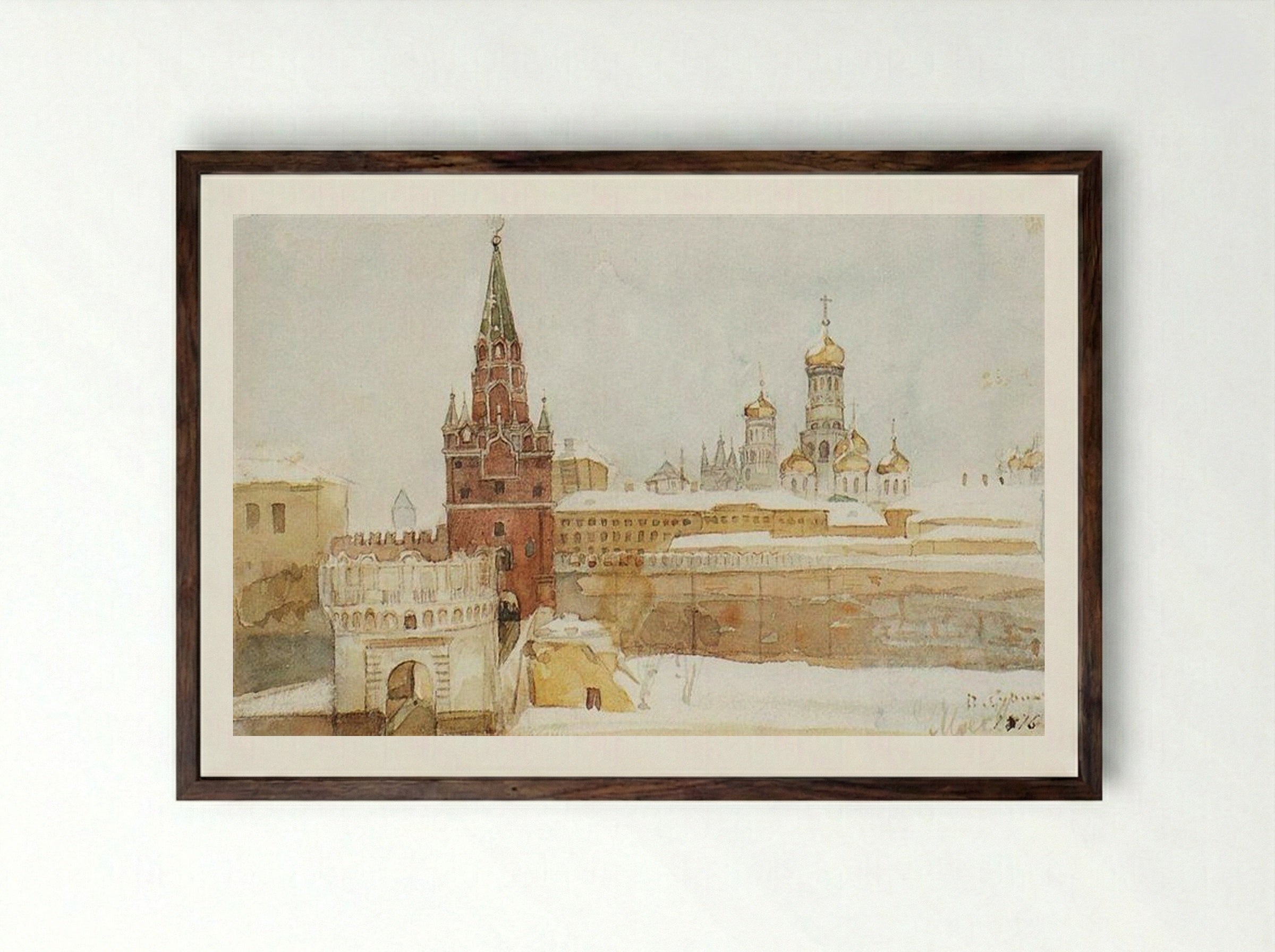 View of the Kremlin in Winter - Vasily Surikov - Framed Print Dark Wood
