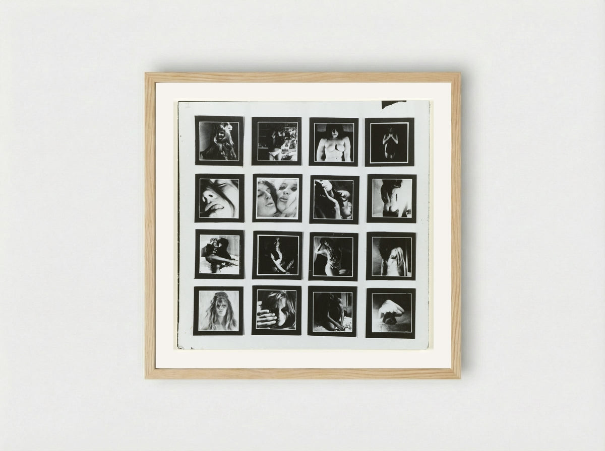 Een wit stuk karton waarop zestien kleine fotootjes van naakte vrouwen - Sanne Sannes - Framed Print Wood