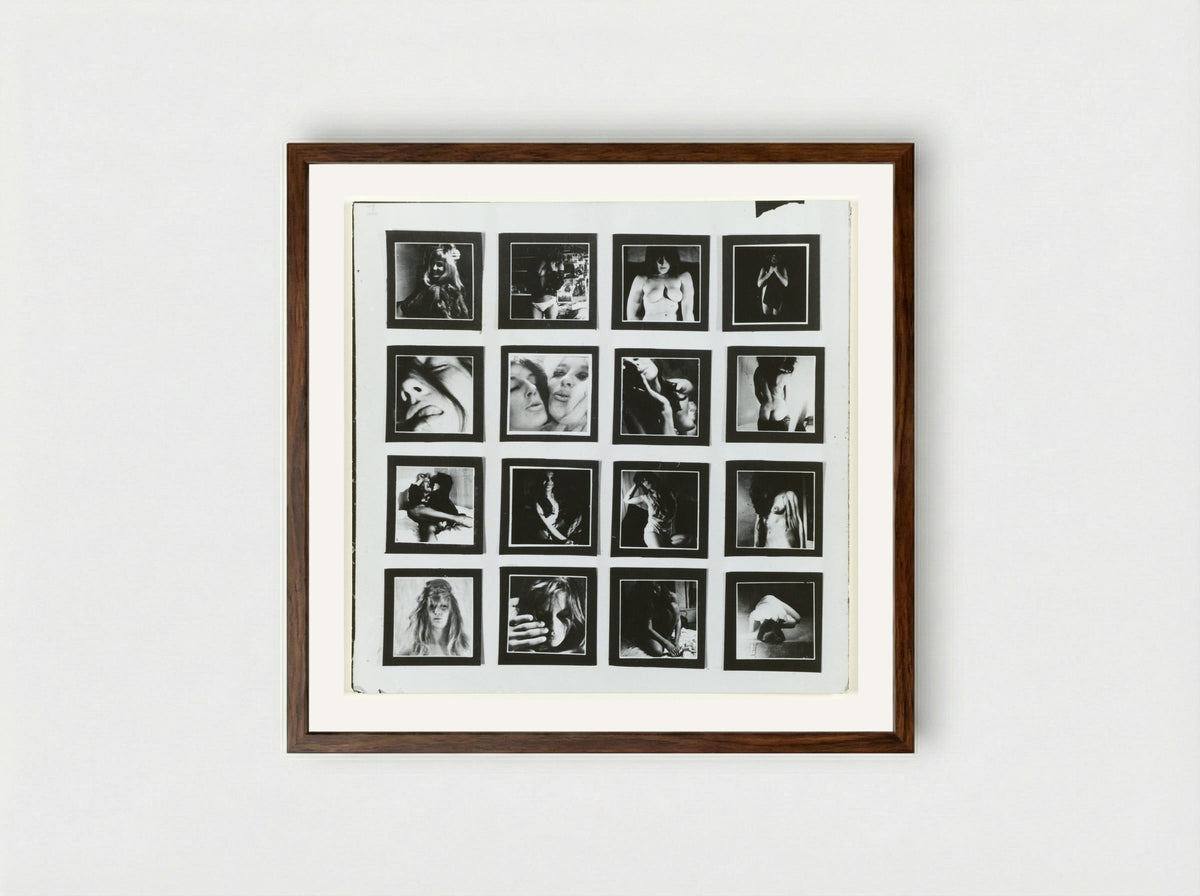 Een wit stuk karton waarop zestien kleine fotootjes van naakte vrouwen - Sanne Sannes - Framed Print Dark Wood