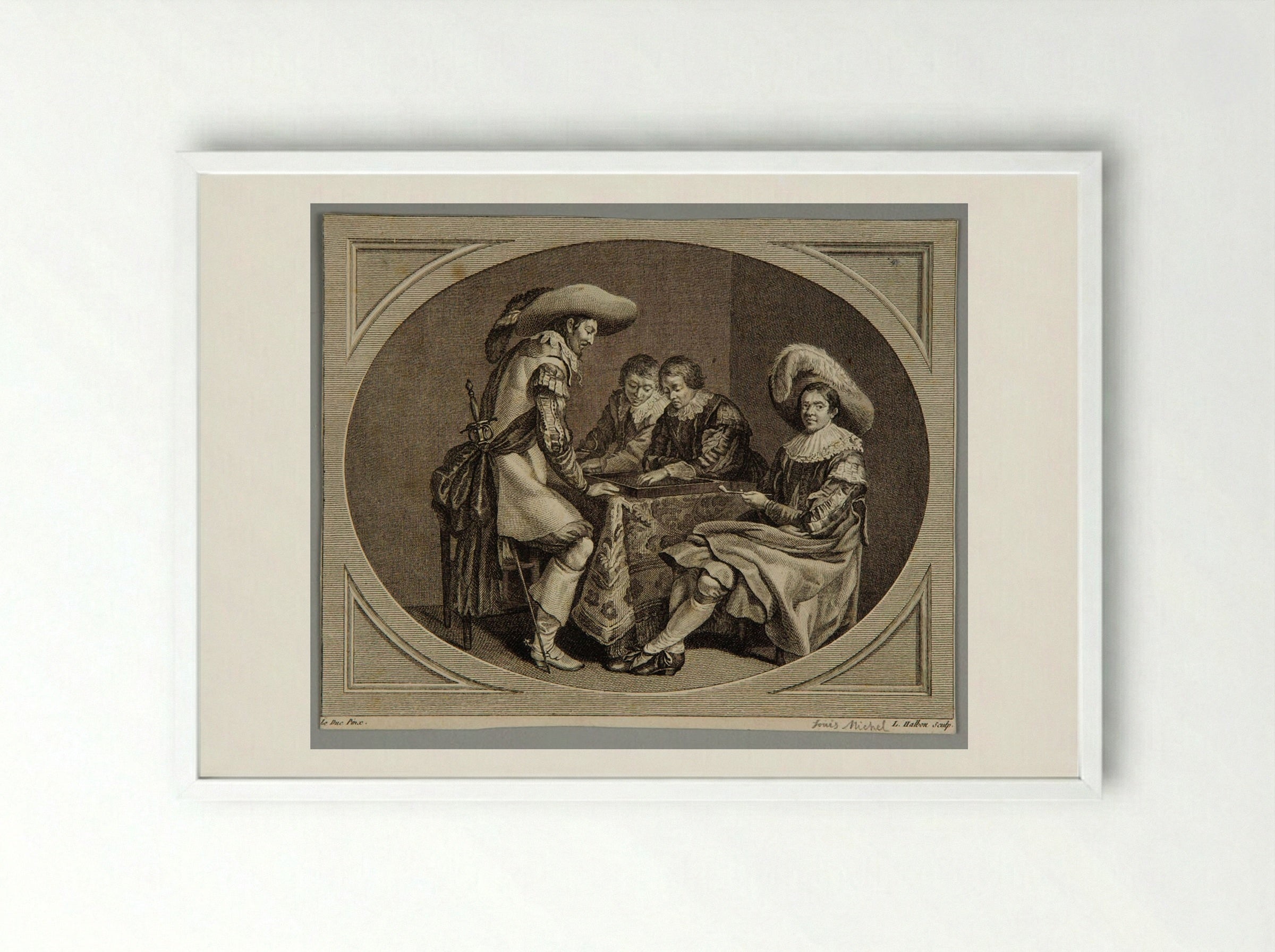 Officers Playing Backgammon - Louis Michel Halbou - Framed Print White