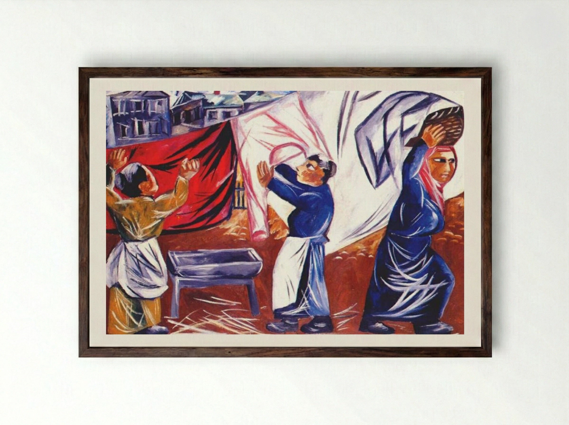Washerwomen - Natalia Goncharova - Framed Print Dark Wood