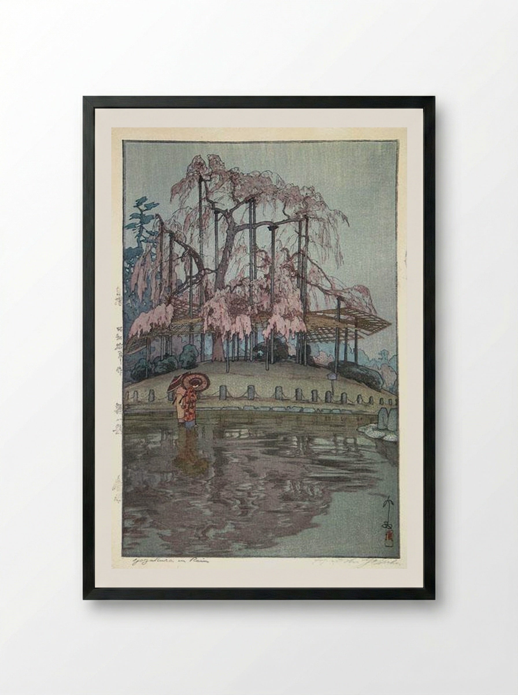 Yozakura in Rain - Hiroshi Yoshida - Framed Print Black