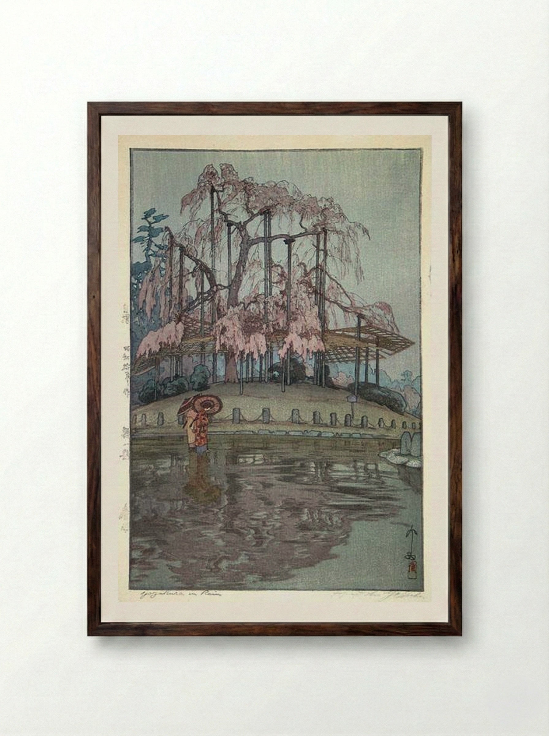 Yozakura in Rain - Hiroshi Yoshida - Framed Print Dark Wood