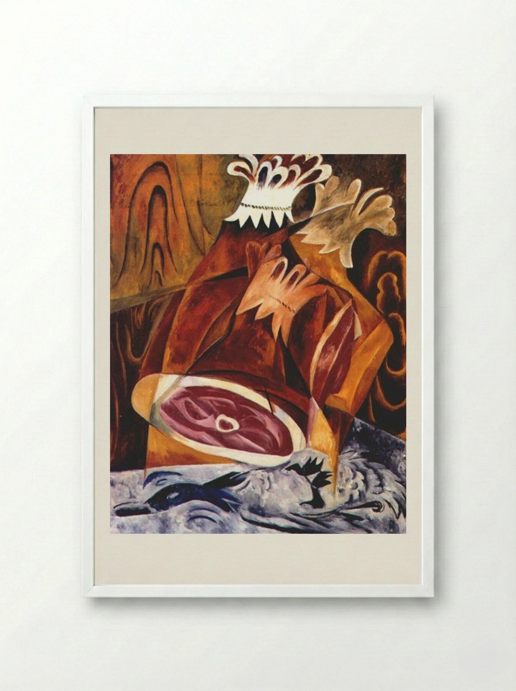 Still Life with Ham - Natalia Goncharova - Framed Print White